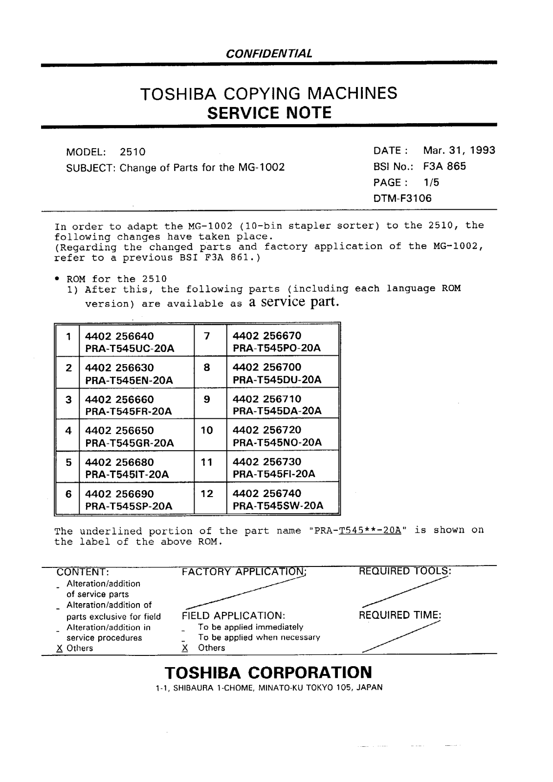 Toshiba f3a865 Service Note