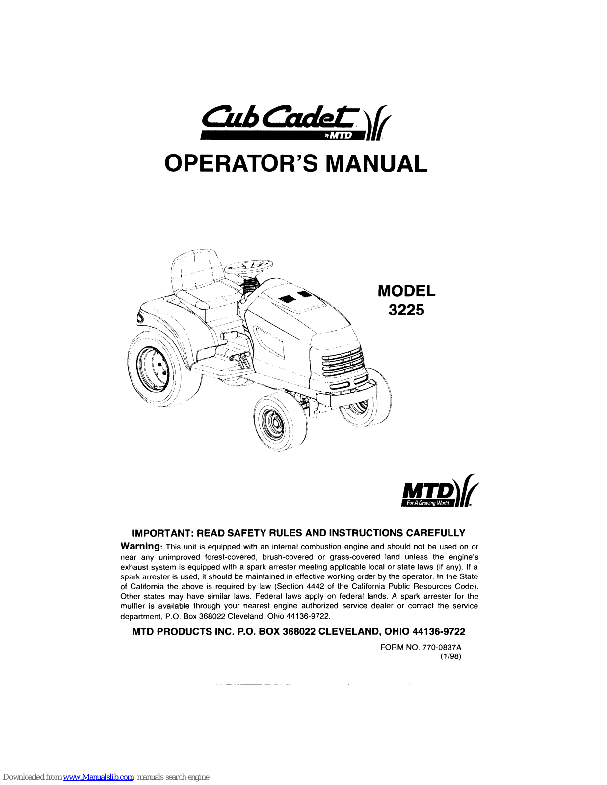 Cub Cadet 3225 Operator's Manual