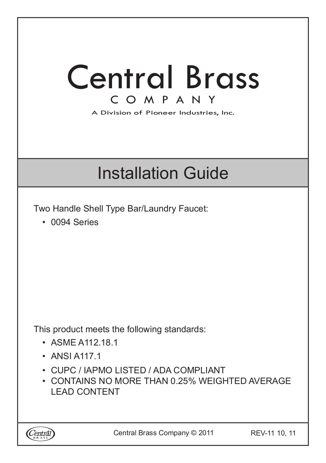 CENTRAL BRASS 0094 Installation  Manual - ManualMachine.com