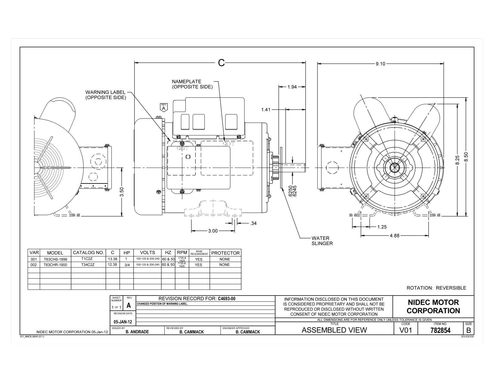 US Motors T1C2Z, T34C2Z Dimensional Sheet