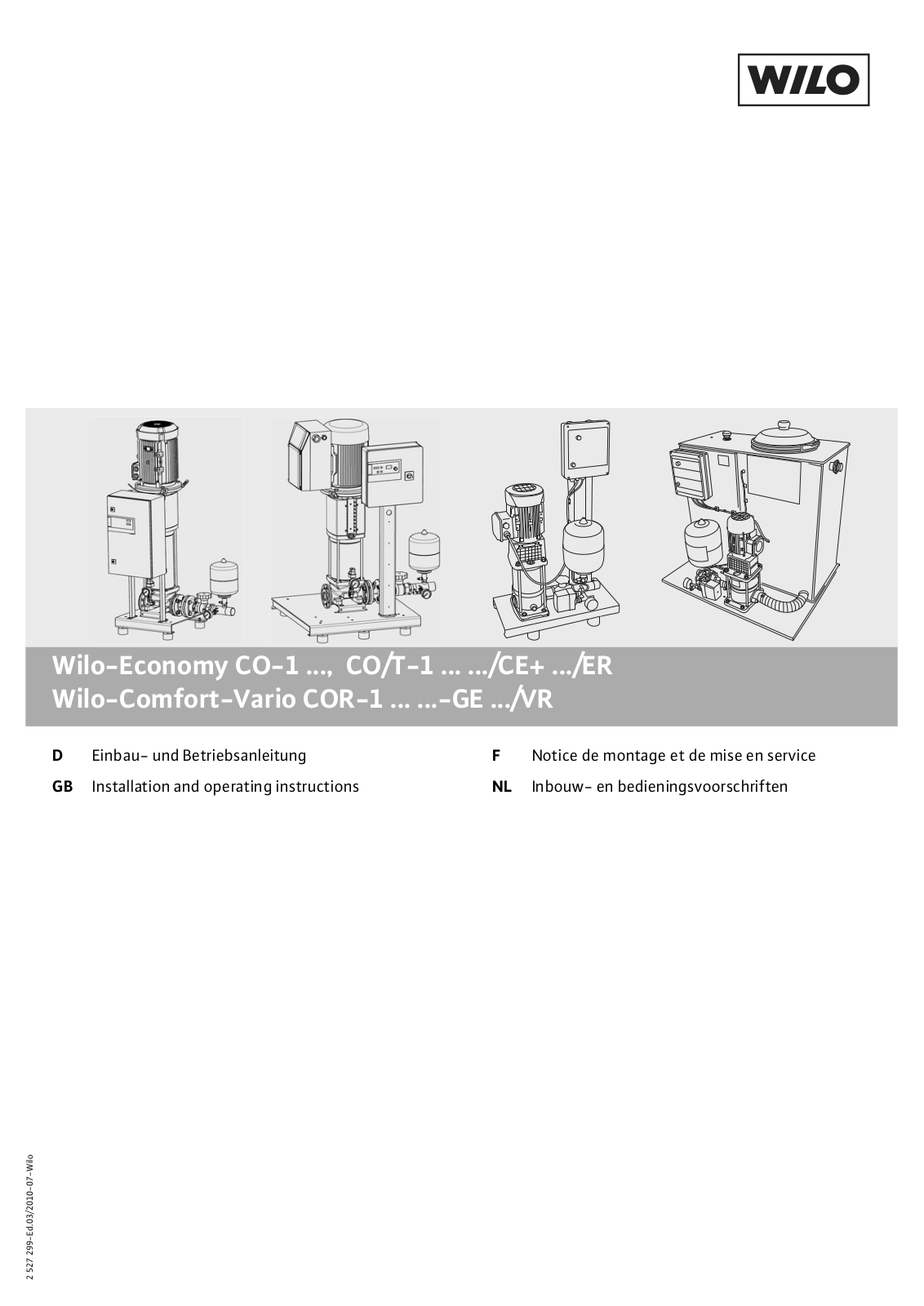 Wilo Wilo-Economy CO/T-1 /CE+ /ER Series, CO/T-1MVI /ER Series, Wilo-Economy CO-1/T-1 /CE+ /ER Series, Wilo-Comfort-Vario COR-1 -GE /VR Series, COR-1HELIX VE -GE Series Installation And Operating Instructions Manual