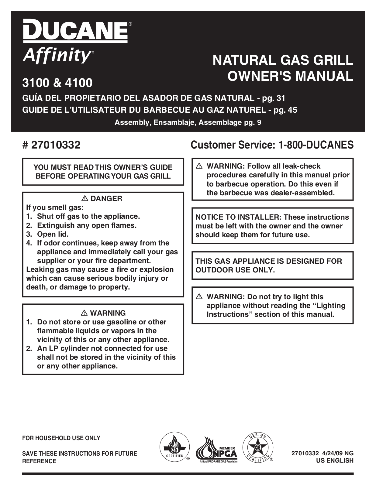 Ducane 3100, Natural Grill, 4100, 27010332 User Manual