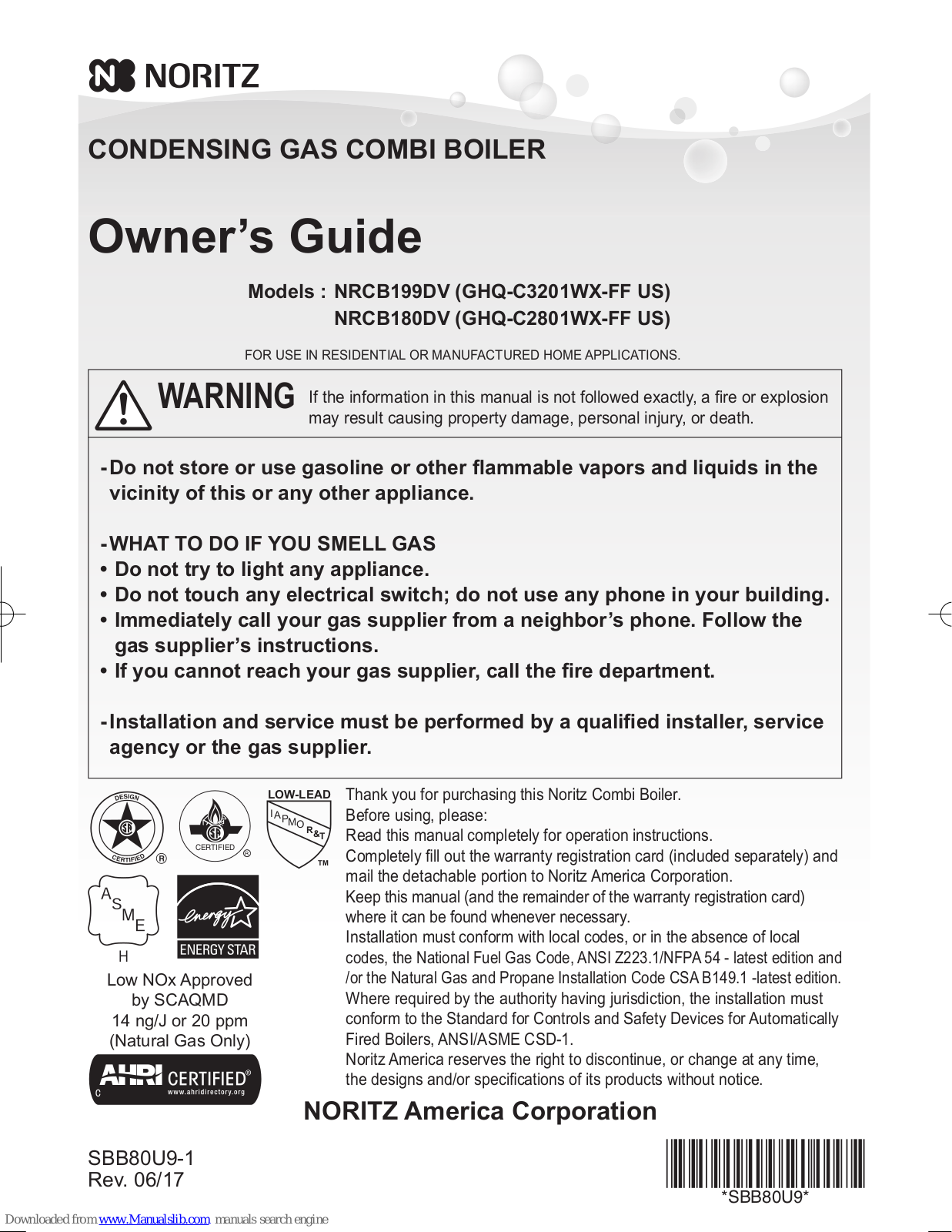 Noritz GHQ-C3201WX-FF US, NRCB180DV, GHQ-C2801WX-FF US Owner's Manual