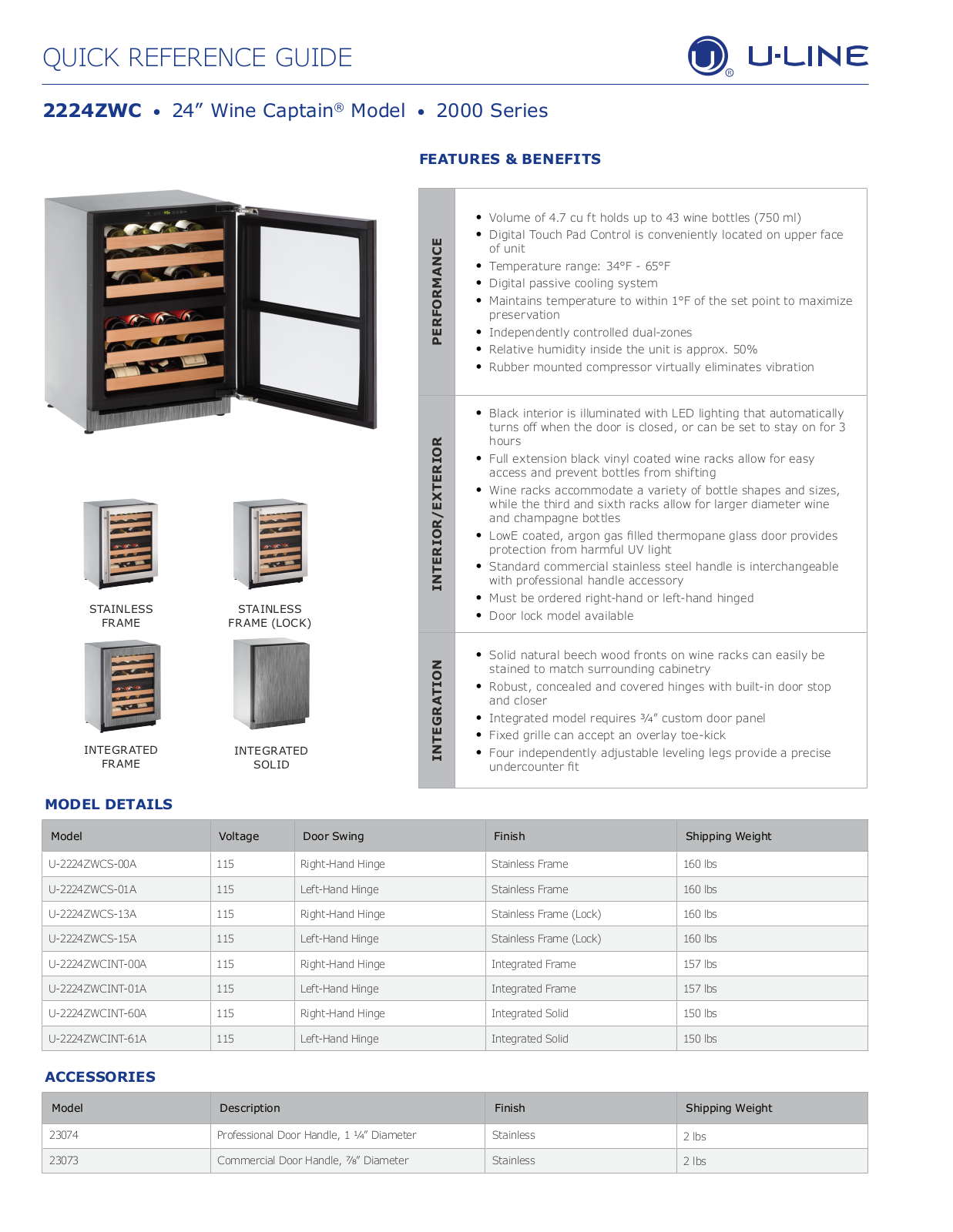 U-Line U-2224ZWCS-00A, U-2224ZWCS-01A, U-2224ZWCS-13A, U-2224ZWCS-15A, U-2224ZWCINT-01A Product Manual