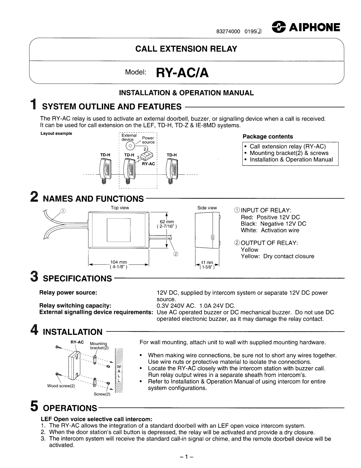 Aiphone RY-AC-A User Manual