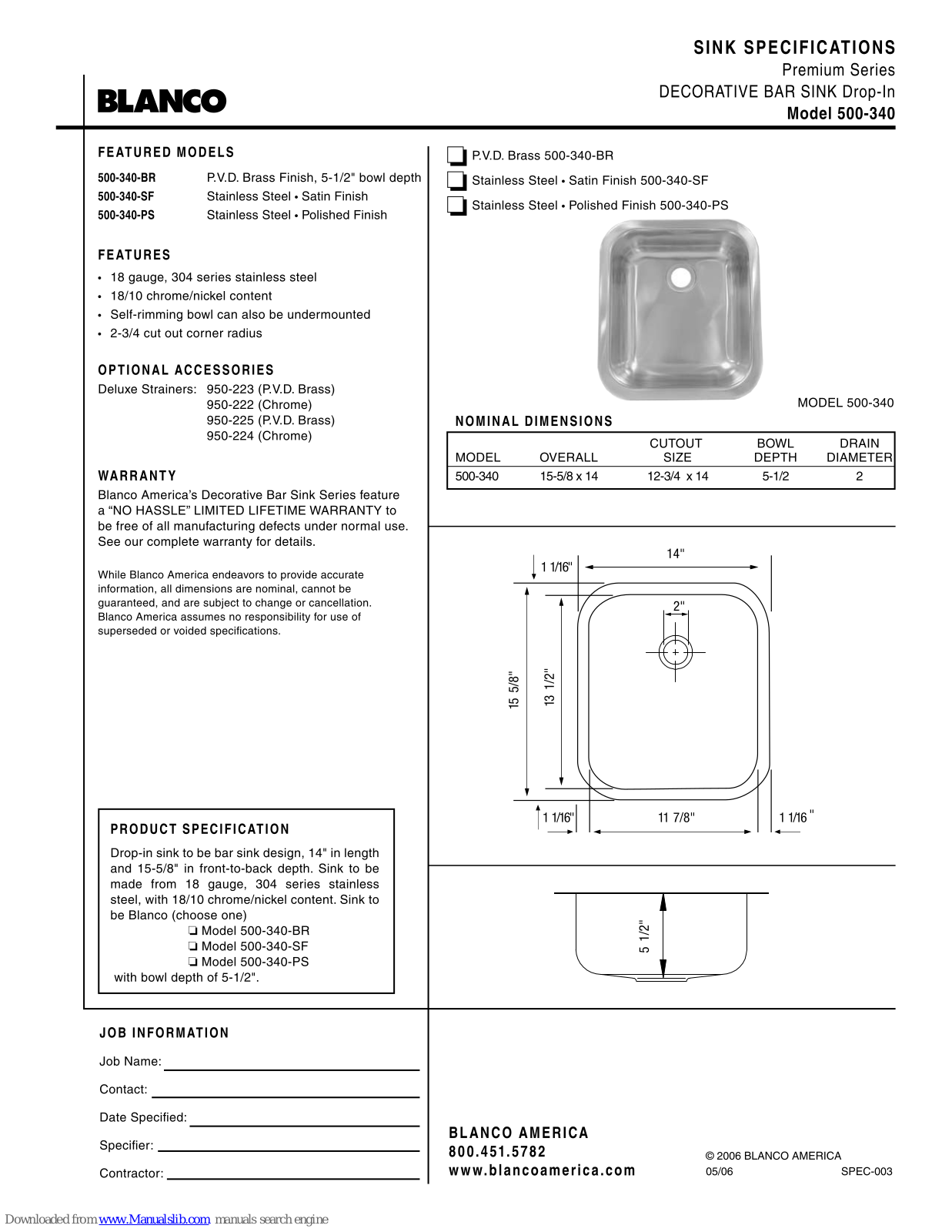 Blanco 500-340-BR, 500-340-SF, 500-340-PS Specification Sheet - ManualMachine.com