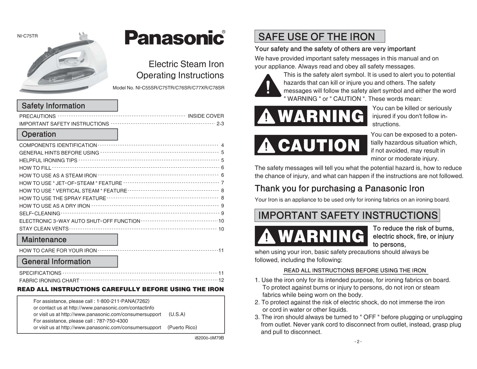 Panasonic Ni-75tr, Ni-c76sr, Ni-c78sk, Ni-c77xr Owner's Manual