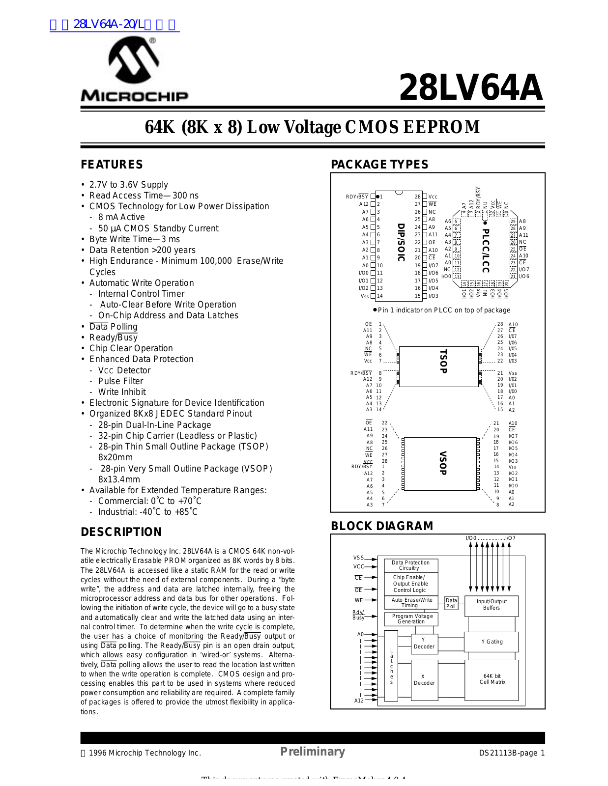 MICROCHIP 28LV64A Technical data