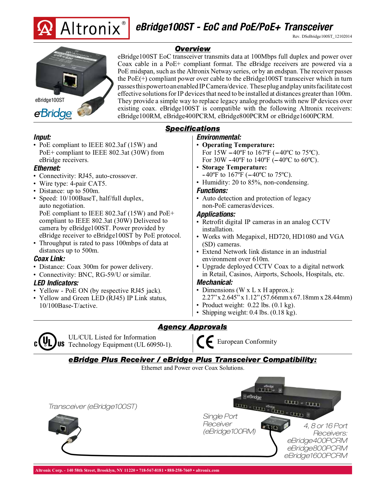 Altronix EBRIDGE100ST Specsheet