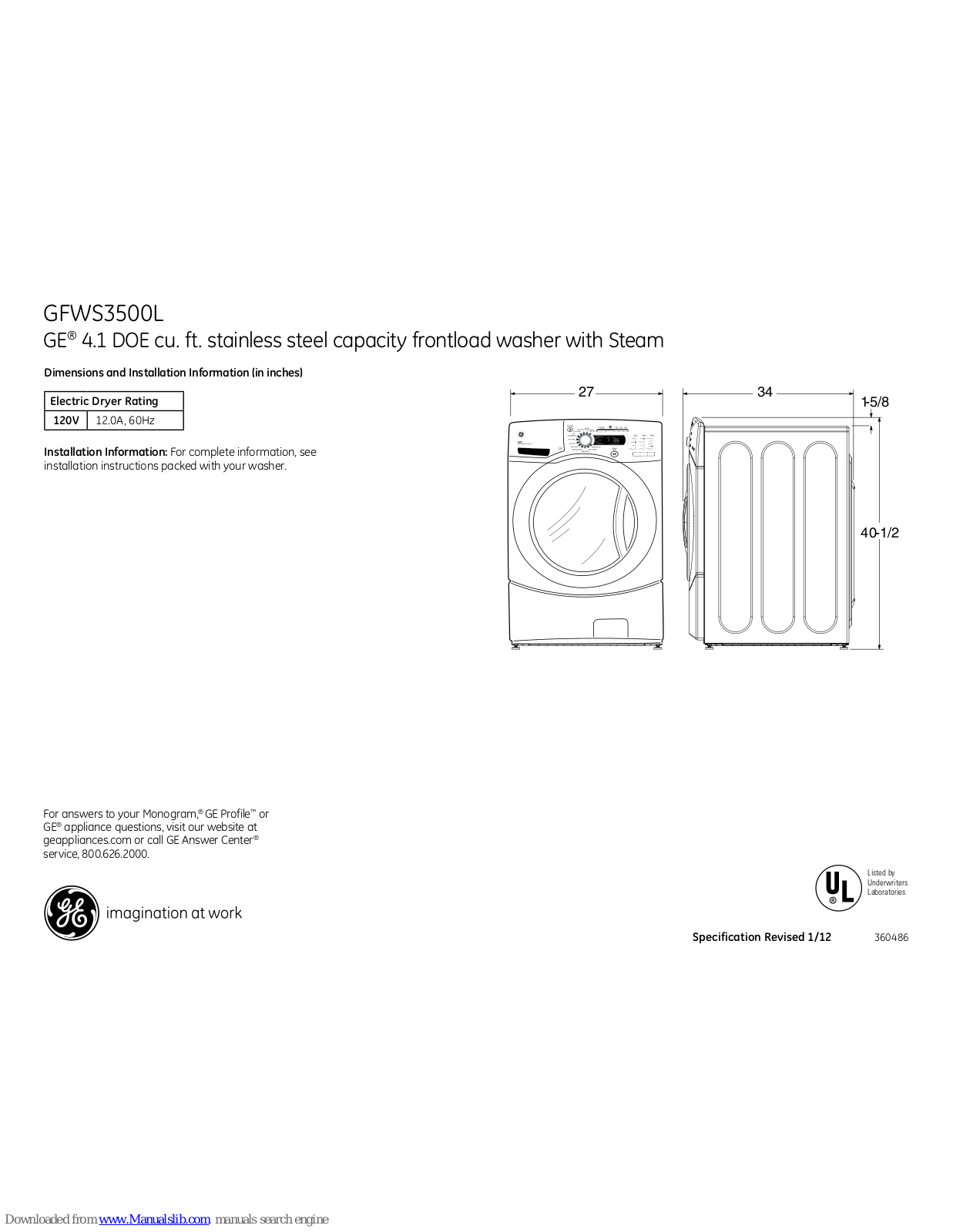 GE Profile GFWS3500L, GE Profile GFWS3505L, GE Profile ModelGFWS3500LWW, GE Profile GFWS3505LMS, GFWS3500LWW Dimensions And Installation Information