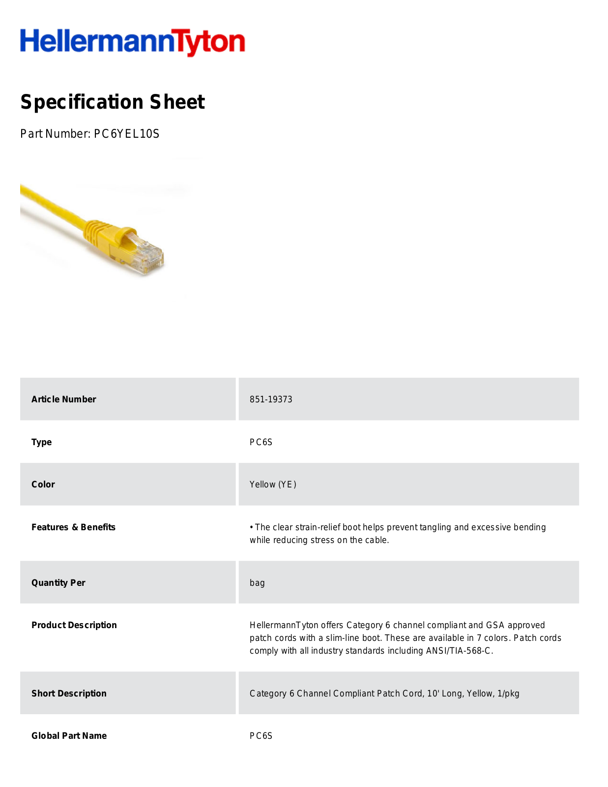 HellermannTyton PC6YEL10S Specification Sheet
