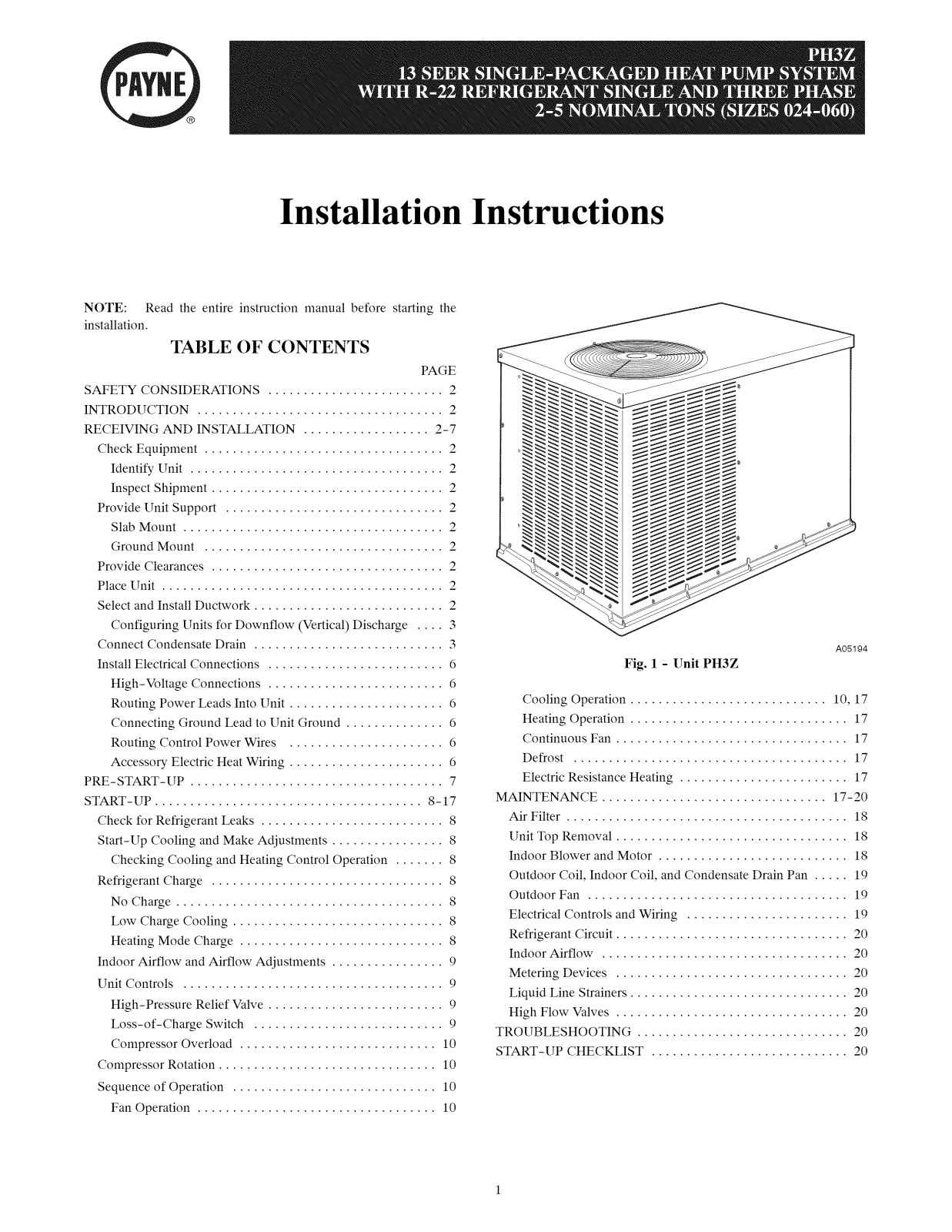 Payne PH3ZNA042000AA, PH3ZNA048000AA, PH3ZNA024000AA, PH3ZNA030000AA, PH3ZNA036000AA Installation Guide - ManualMachine.com