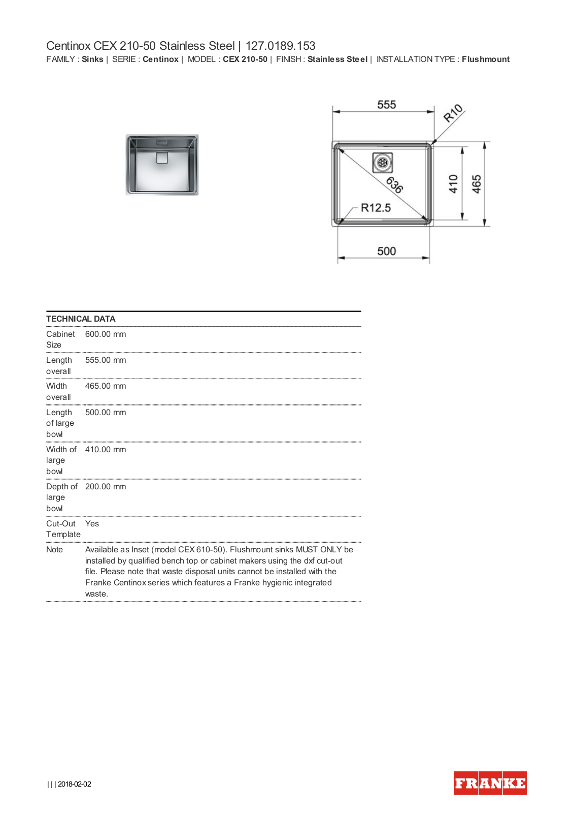 Franke CEX210-50 Specifications Sheet