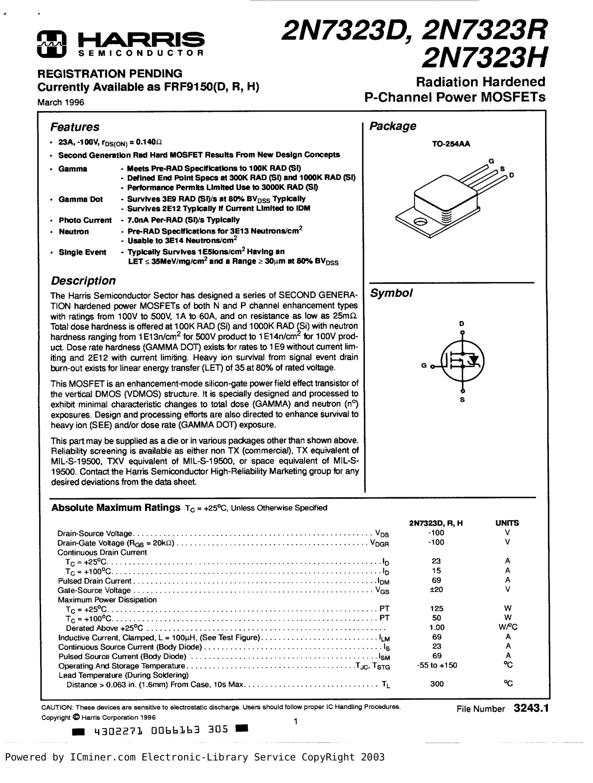 HARRIS Semiconductor 2N7323D, 2N7323R, 2N7323H Service Manual