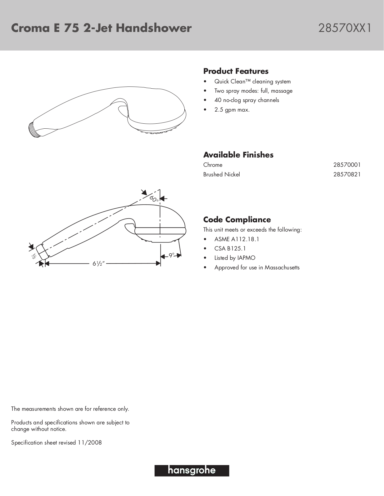 Hans Grohe 28570821, 28570XX1 User Manual