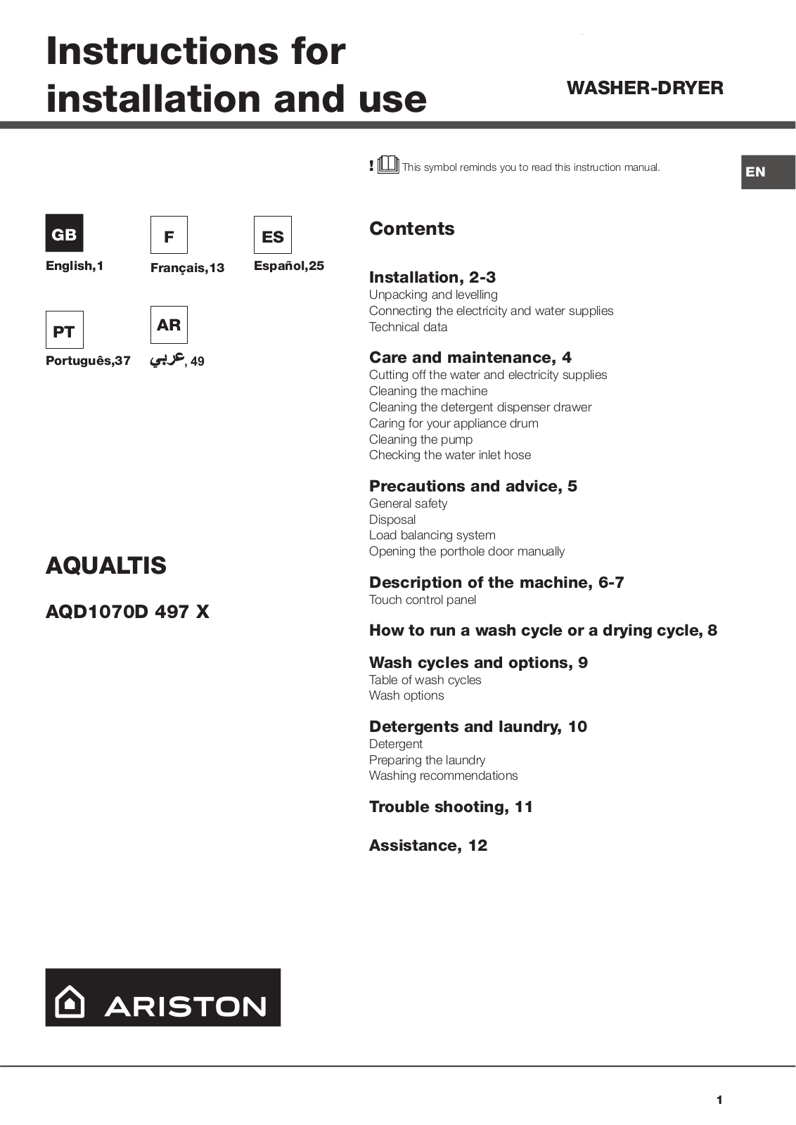 Hotpoint AQD1070D 497 X User Manual