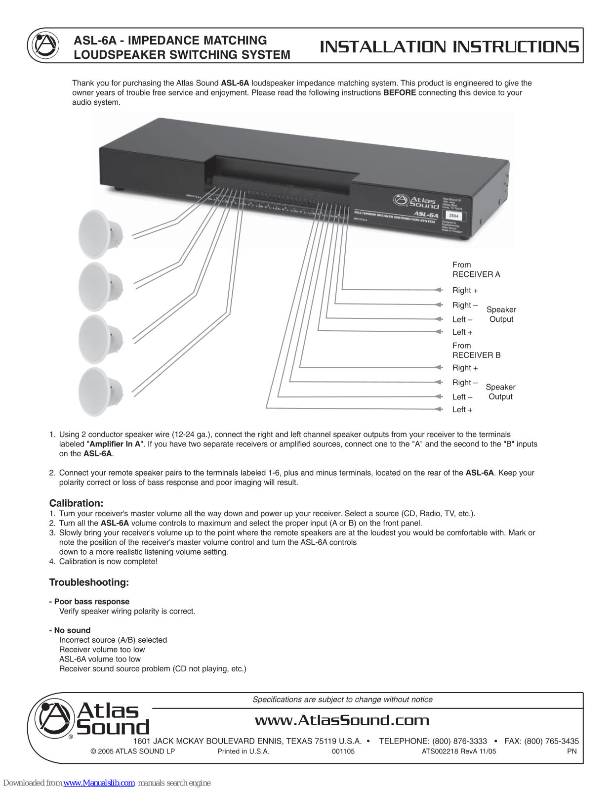 Atlas ASL-6A Installation Instructions Manual