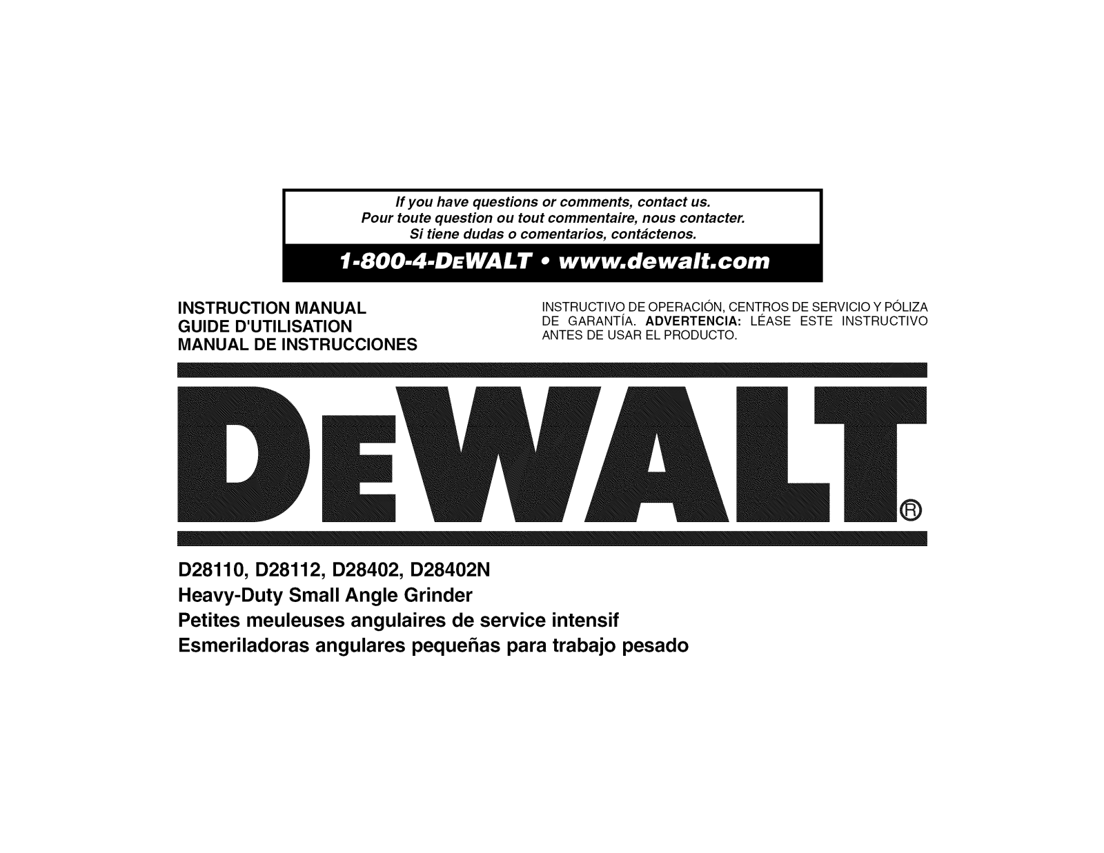 DeWalt D28402N TYPE 1, D28402K TYPE 1, D28112 TYPE 2, D28112 TYPE 1, D28110 TYPE 1 Owner’s Manual