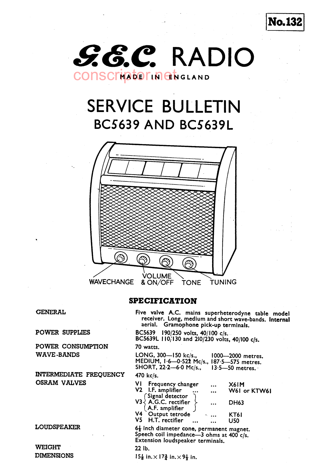 G.E.C. Radio BC 5639, BC 5639L Service manual