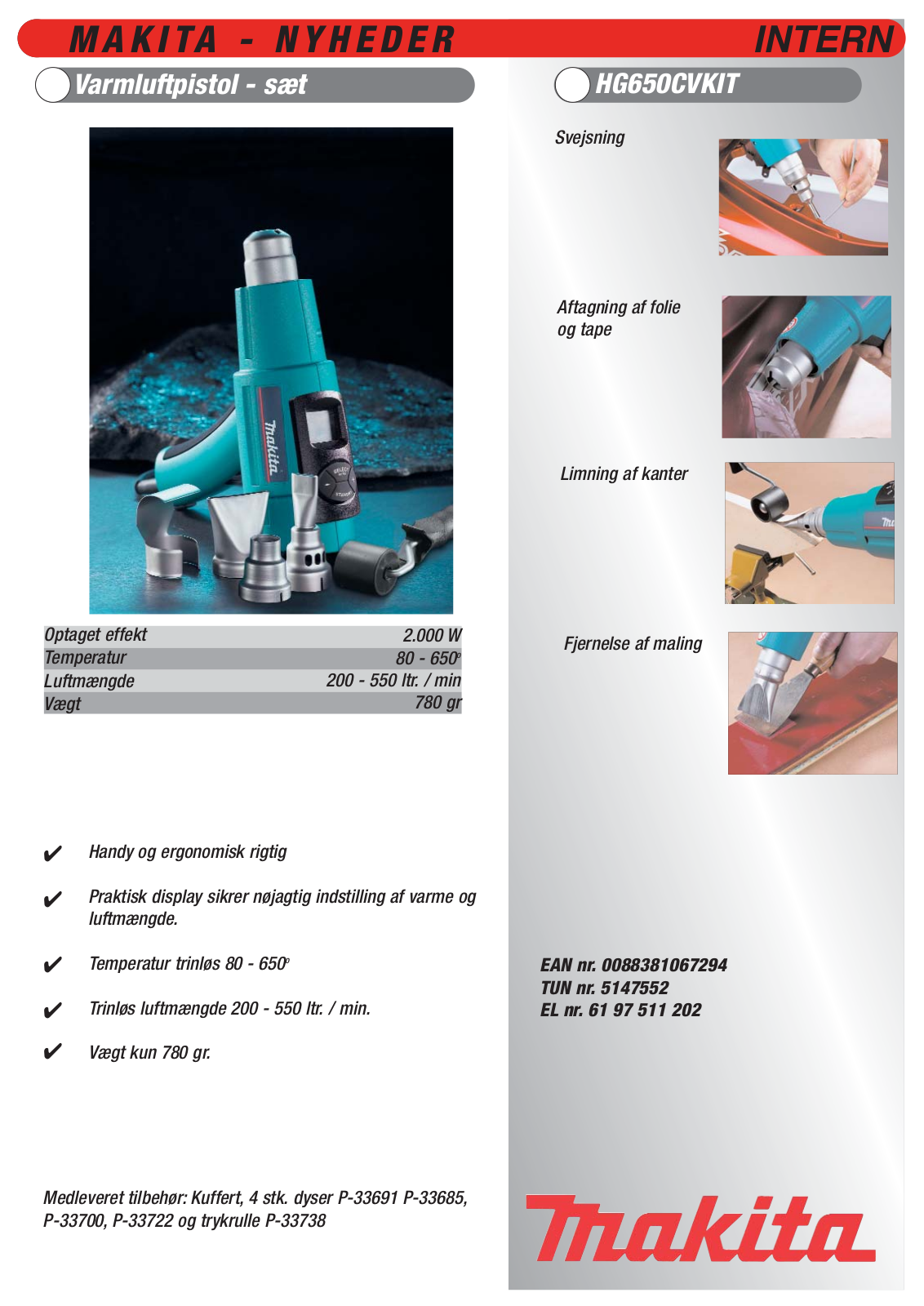 Makita HG650CKIT DATASHEET