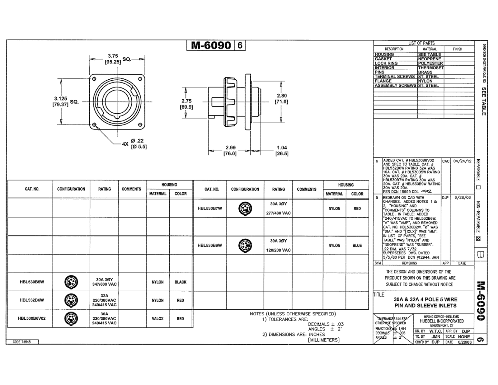 Hubbell HBL530B5W Reference Drawing