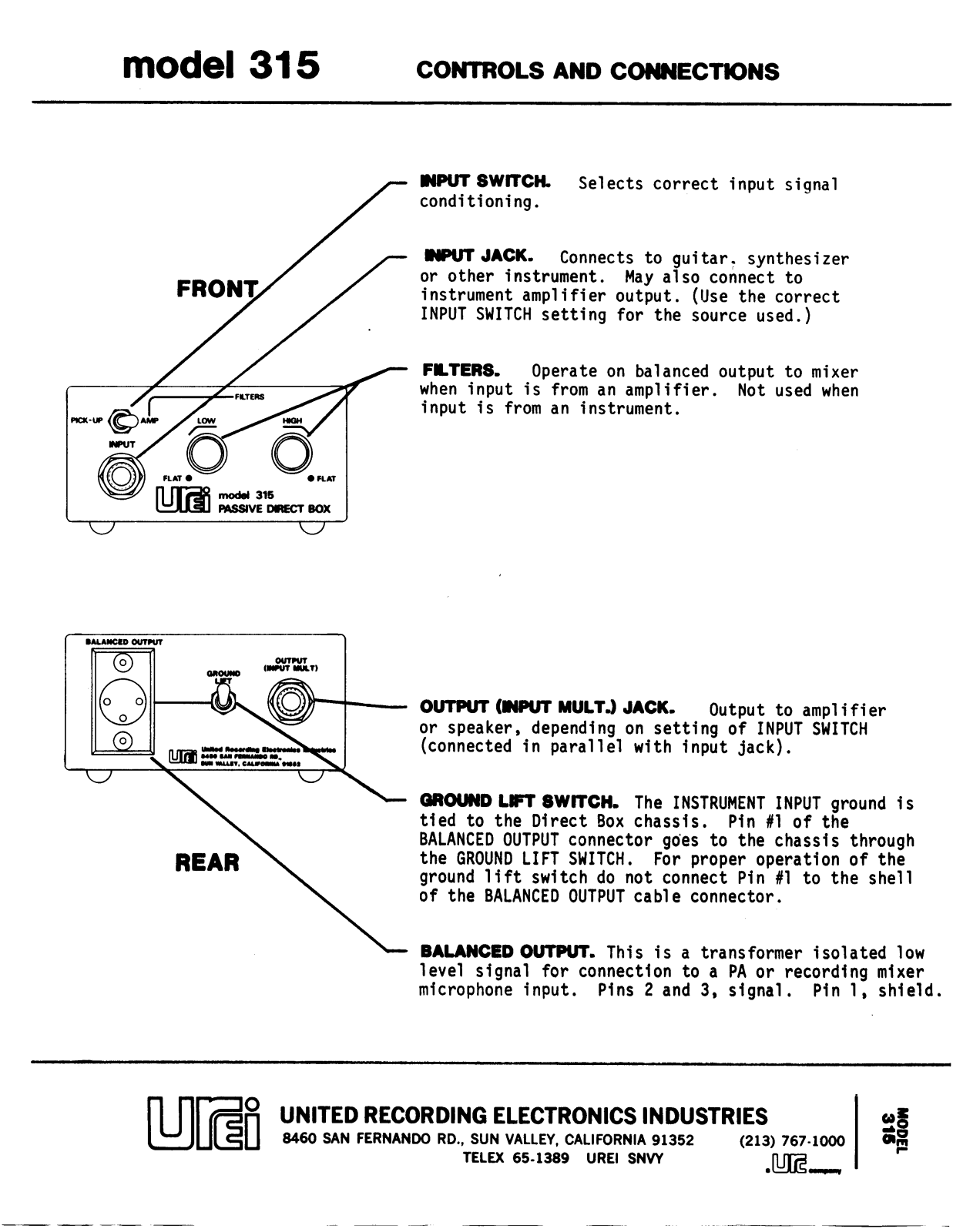 JBL UREI 315 User Manual