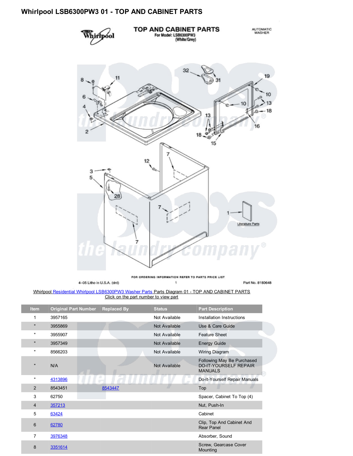 Whirlpool LSB6300PW3 Parts Diagram