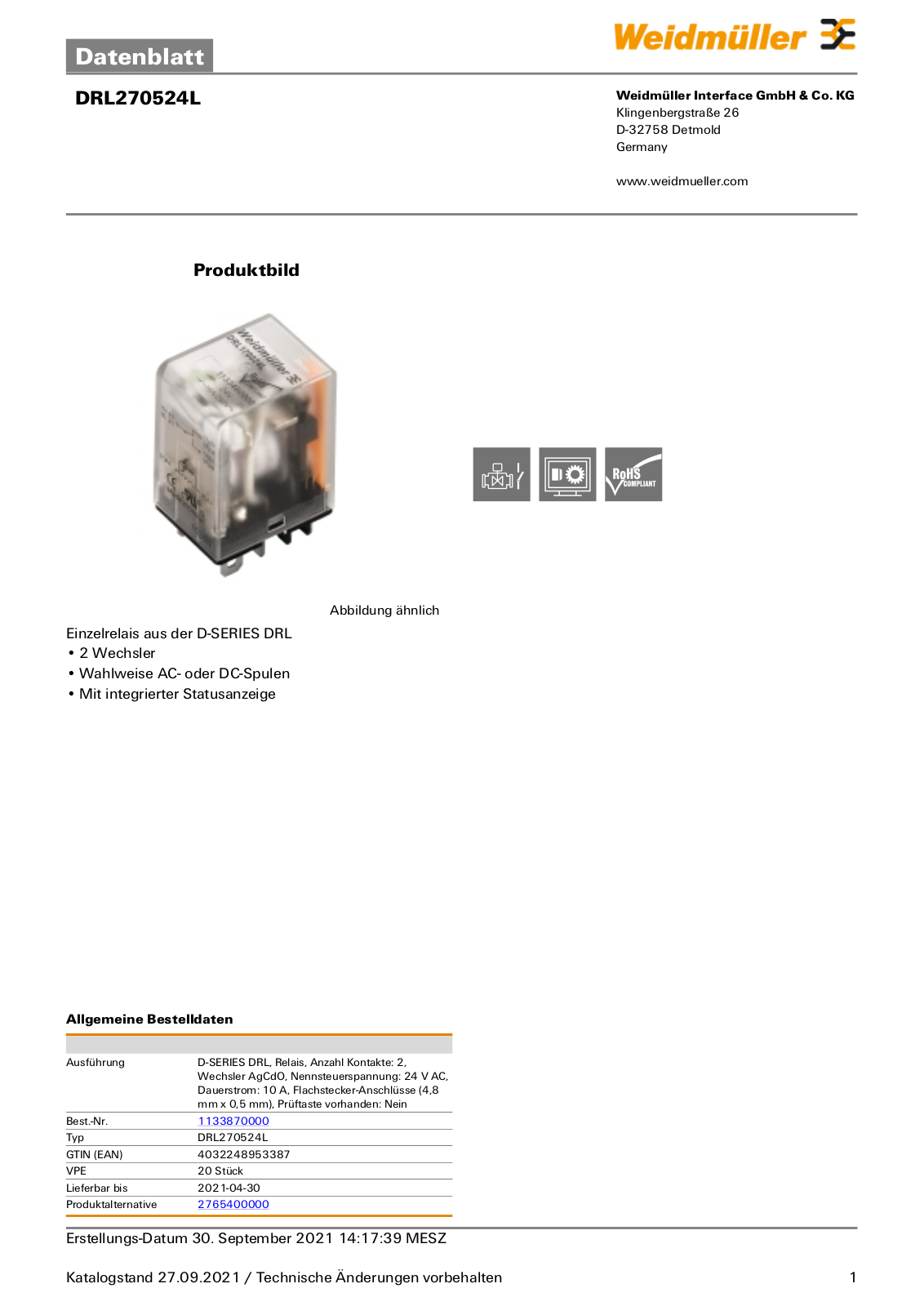 WEIDMÜLLER DRL 270524 L Datasheet