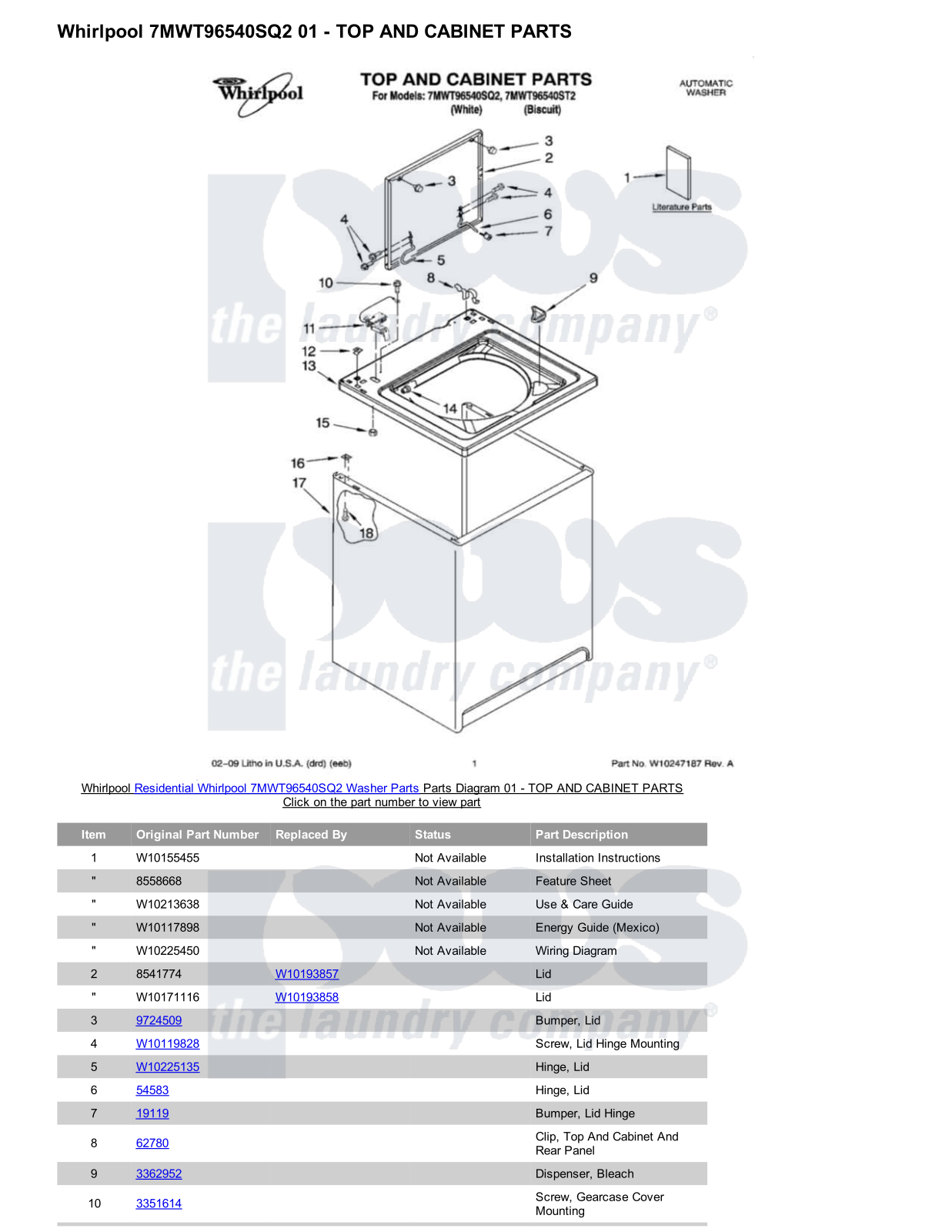 Whirlpool 7MWT96540SQ2 Parts Diagram