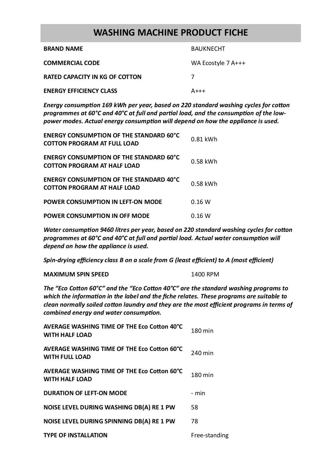 Whirlpool WA ECOSTYLE 7 A Product Sheet - ManualMachine.com
