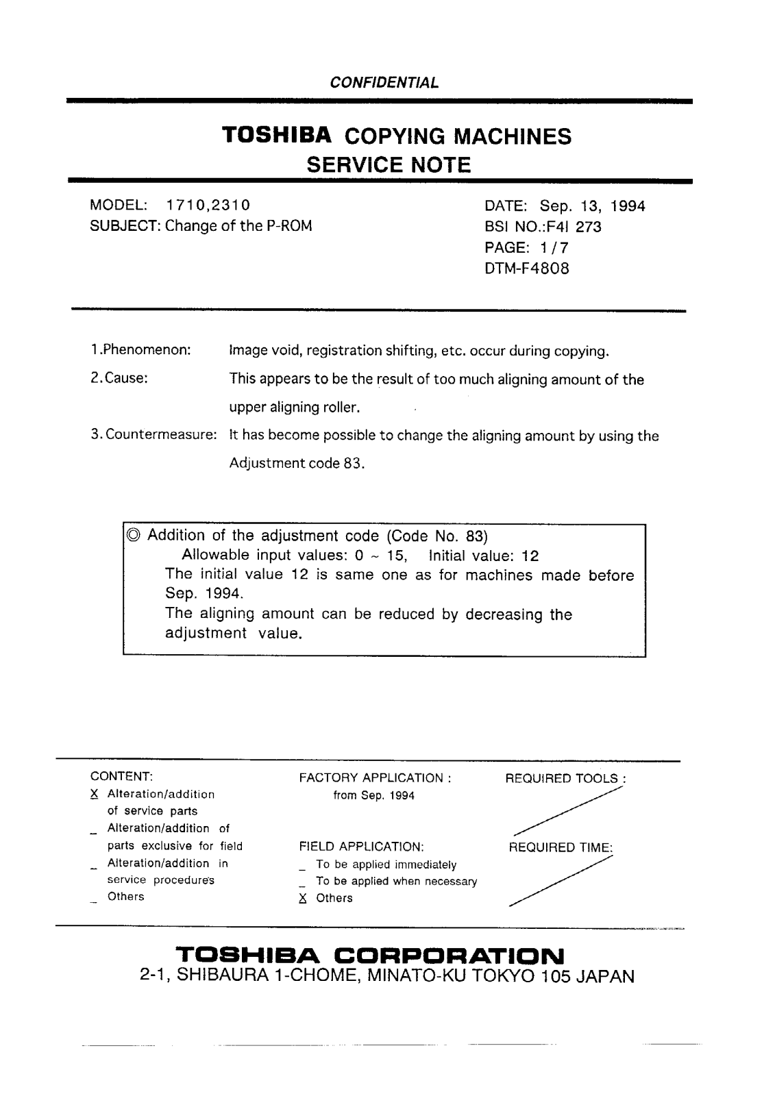 Toshiba f4i273 Service Note