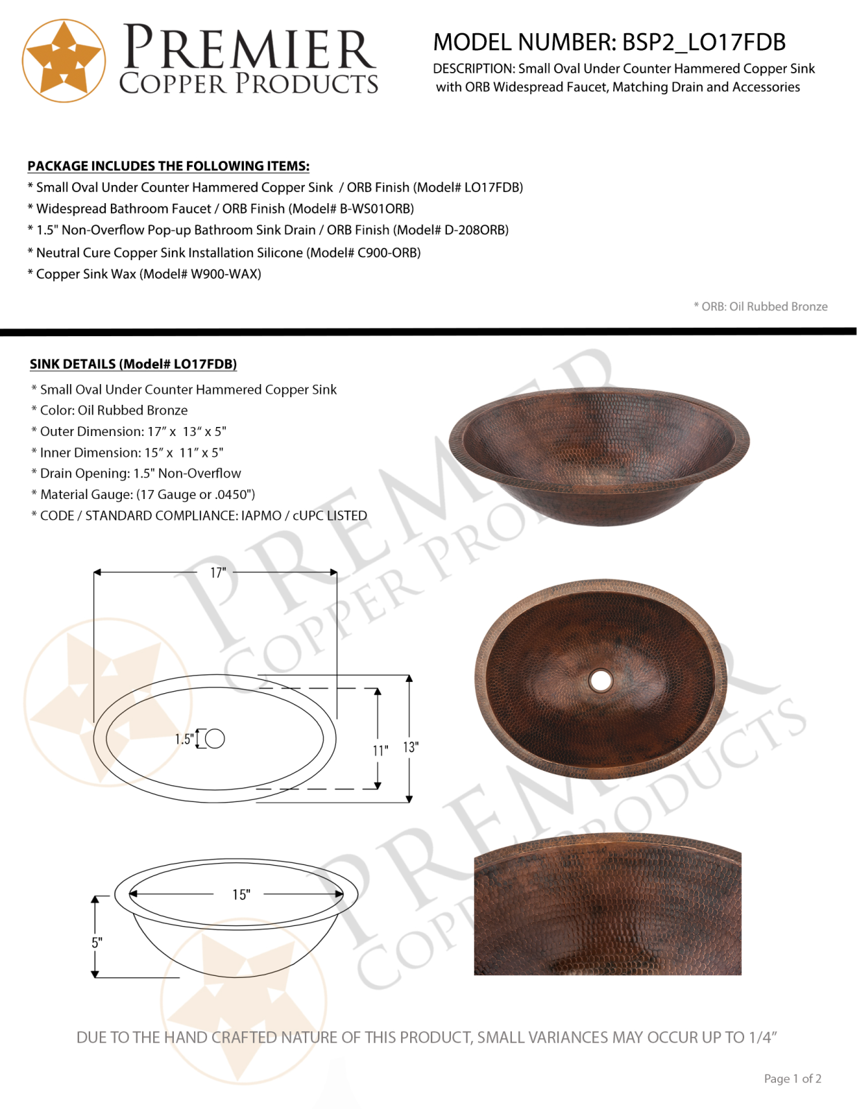 Premier Copper Products IER1462 Specifications - ManualMachine.com
