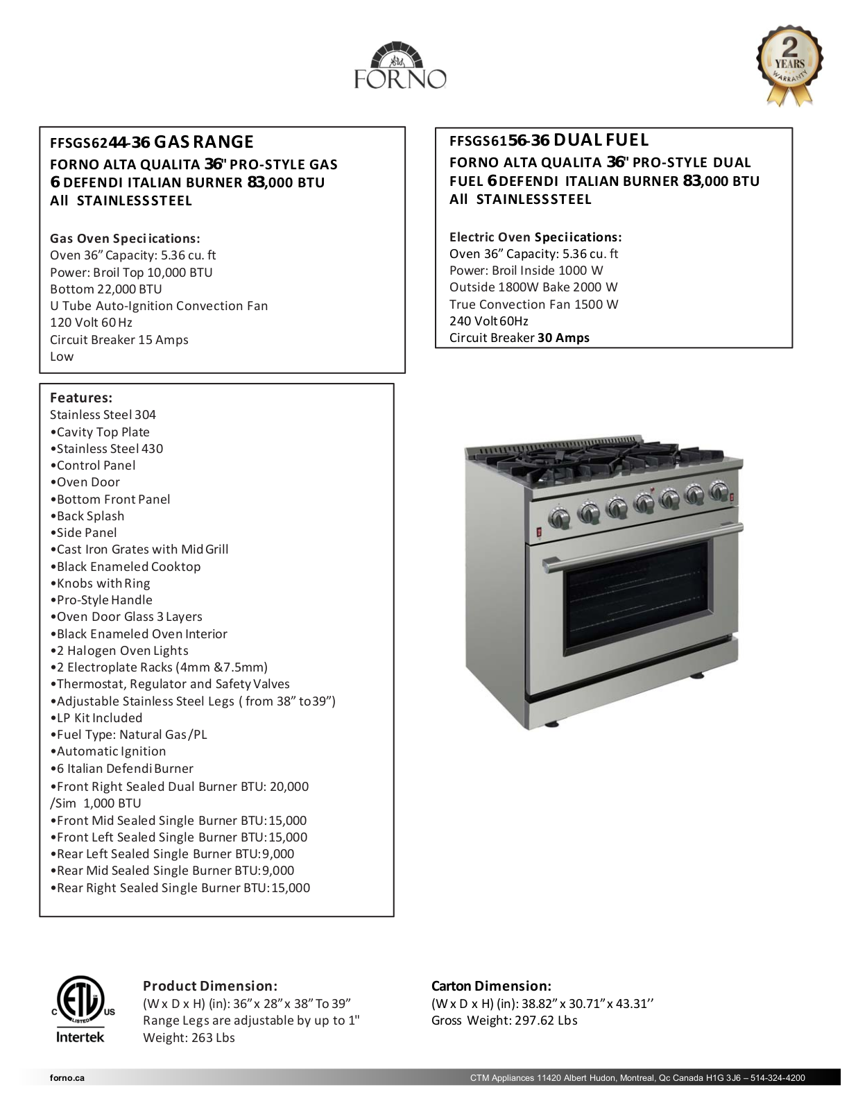 Forno FFSGS624436, FFSGS615636 Specifications