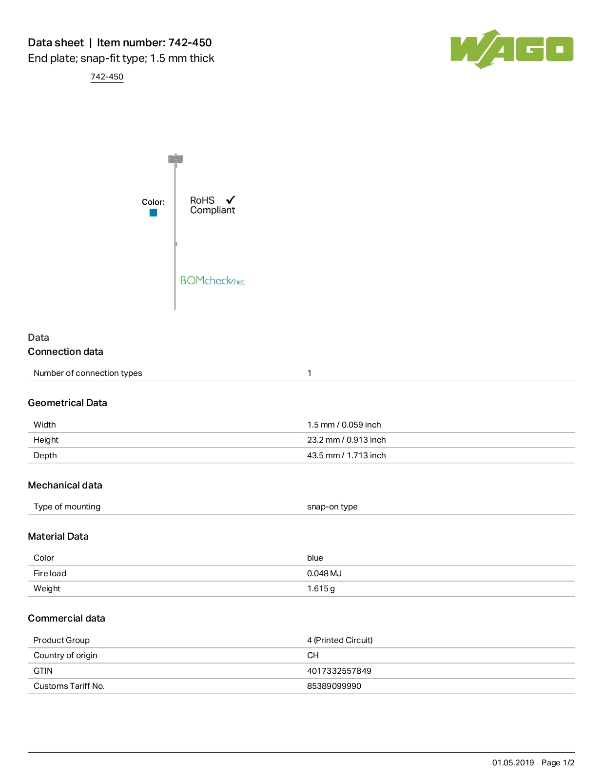 Wago 742-450 Data Sheet