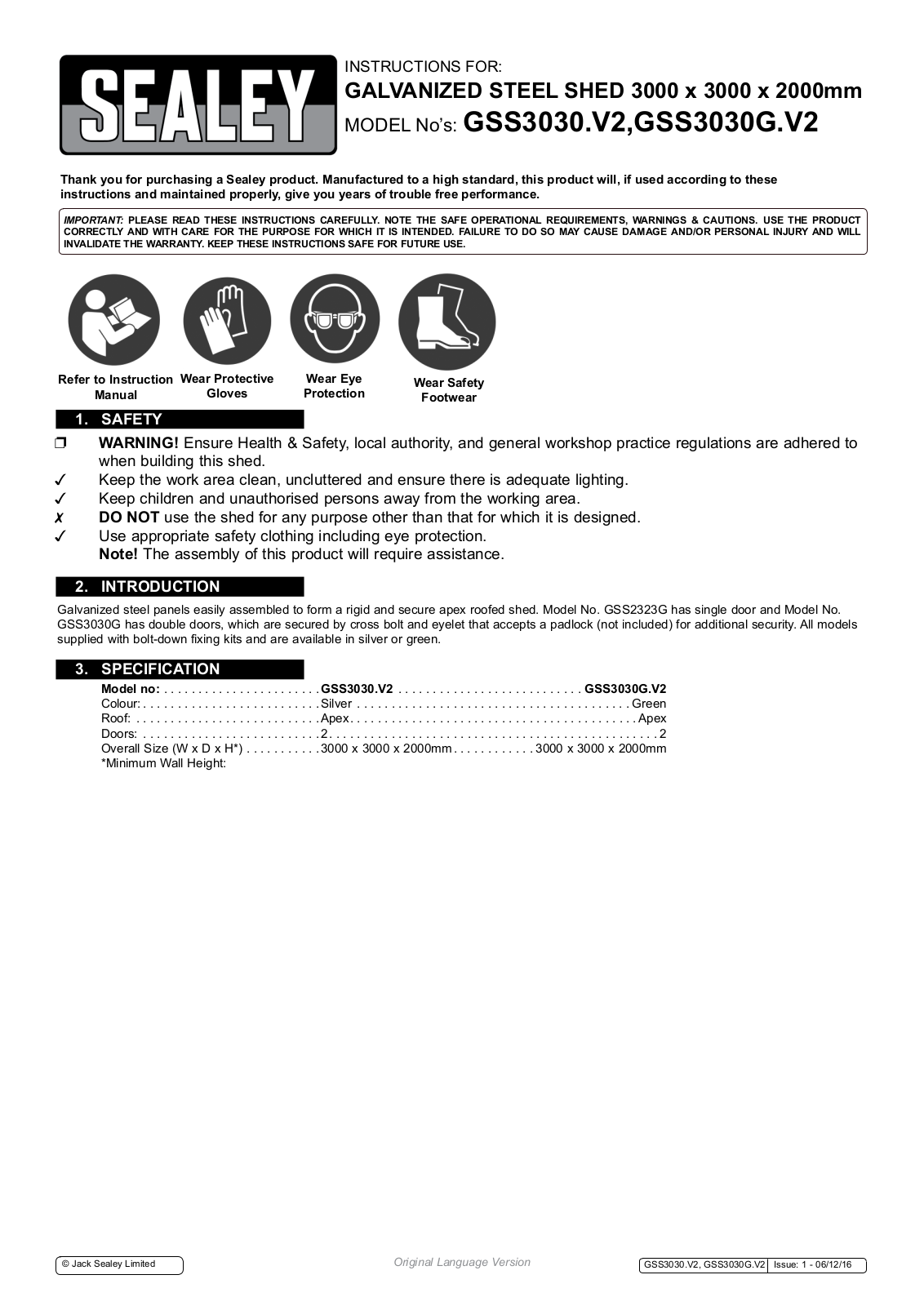 Sealey GSS3030.V2,GSS3030G.V2 Instructions Manual