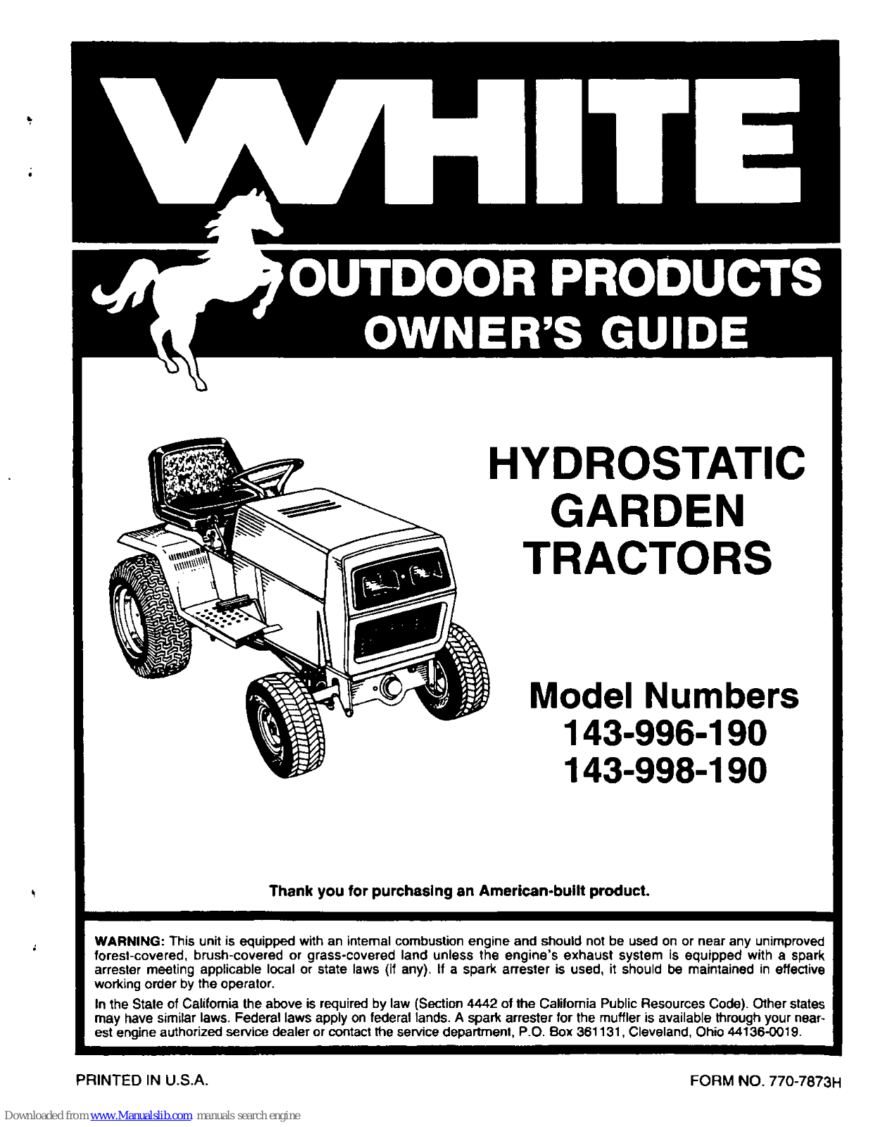 White Outdoor 143-998-190, 143-996-190 Owner's Manual