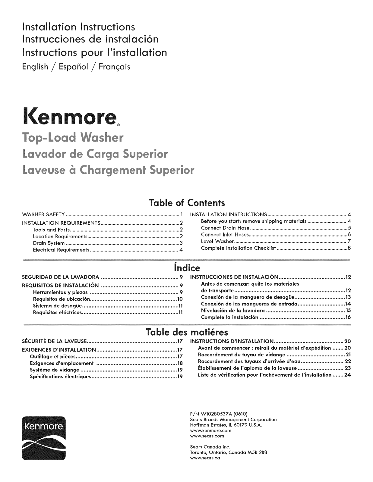 Kenmore 11020022011, 11020022012, 11020022013, 11020022014, 11020102310 Installation Guide