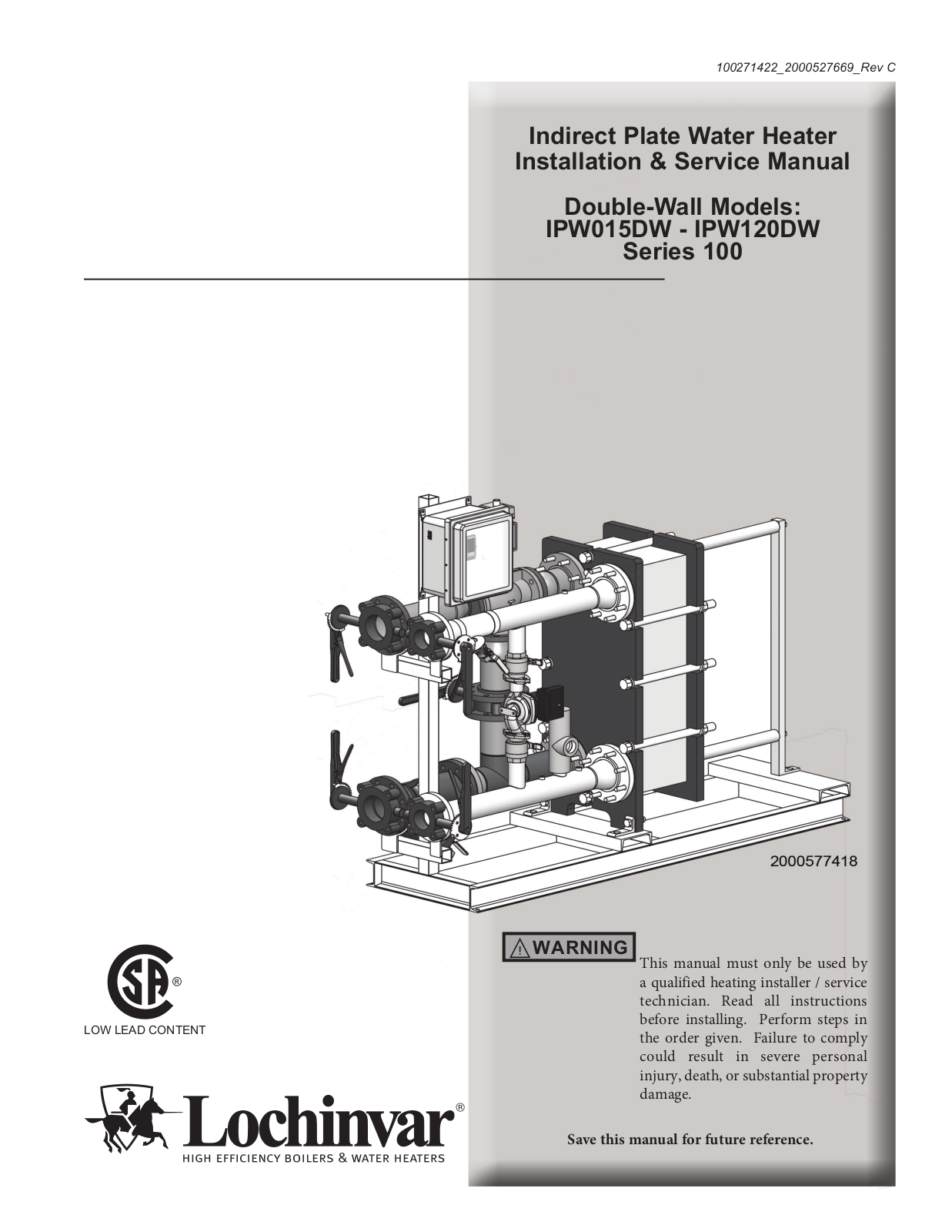 Lochinvar 100 Series, IPW120DW, IPW015DW, IPW090DW, IPW070DW Installation Manual