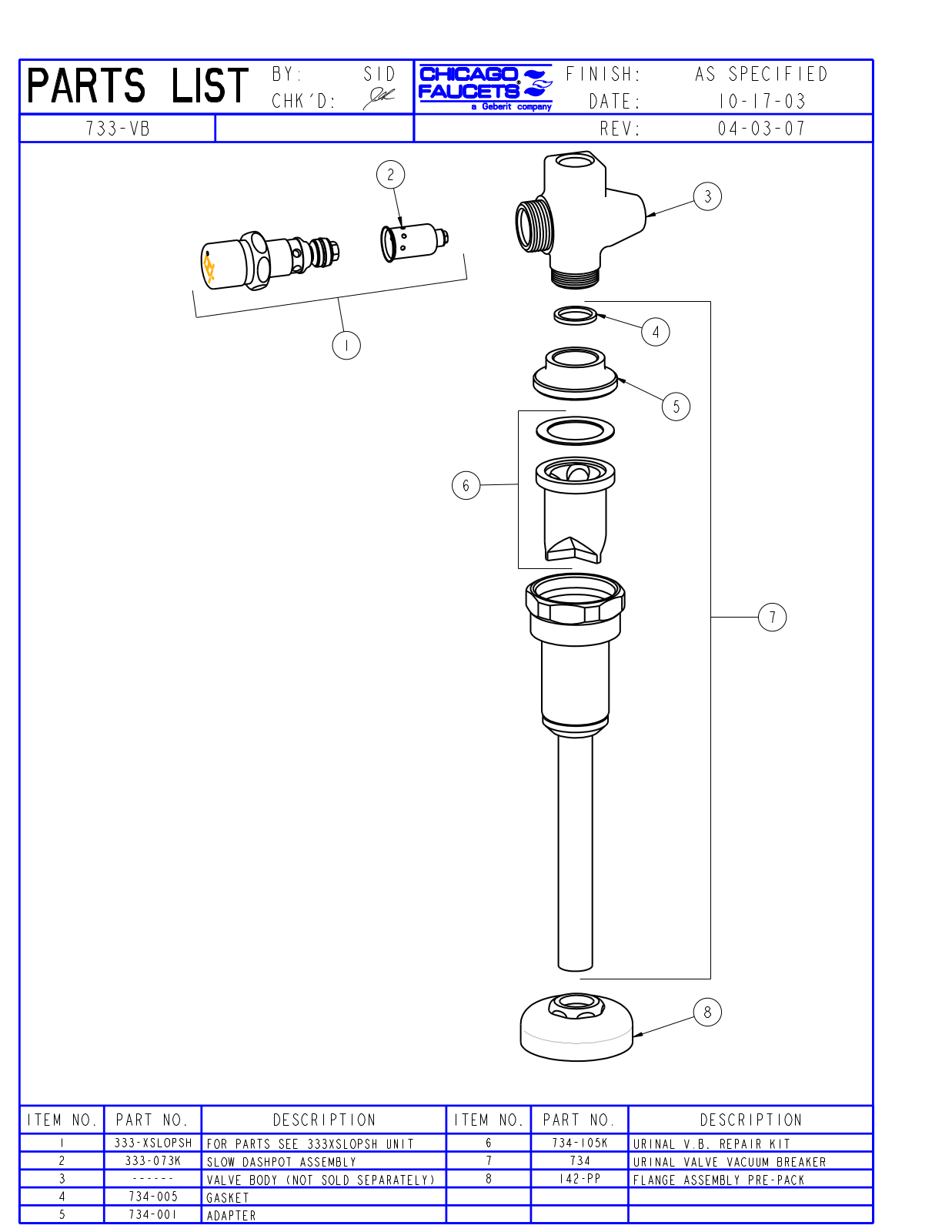 Chicago Faucet 733-VBCP Parts List