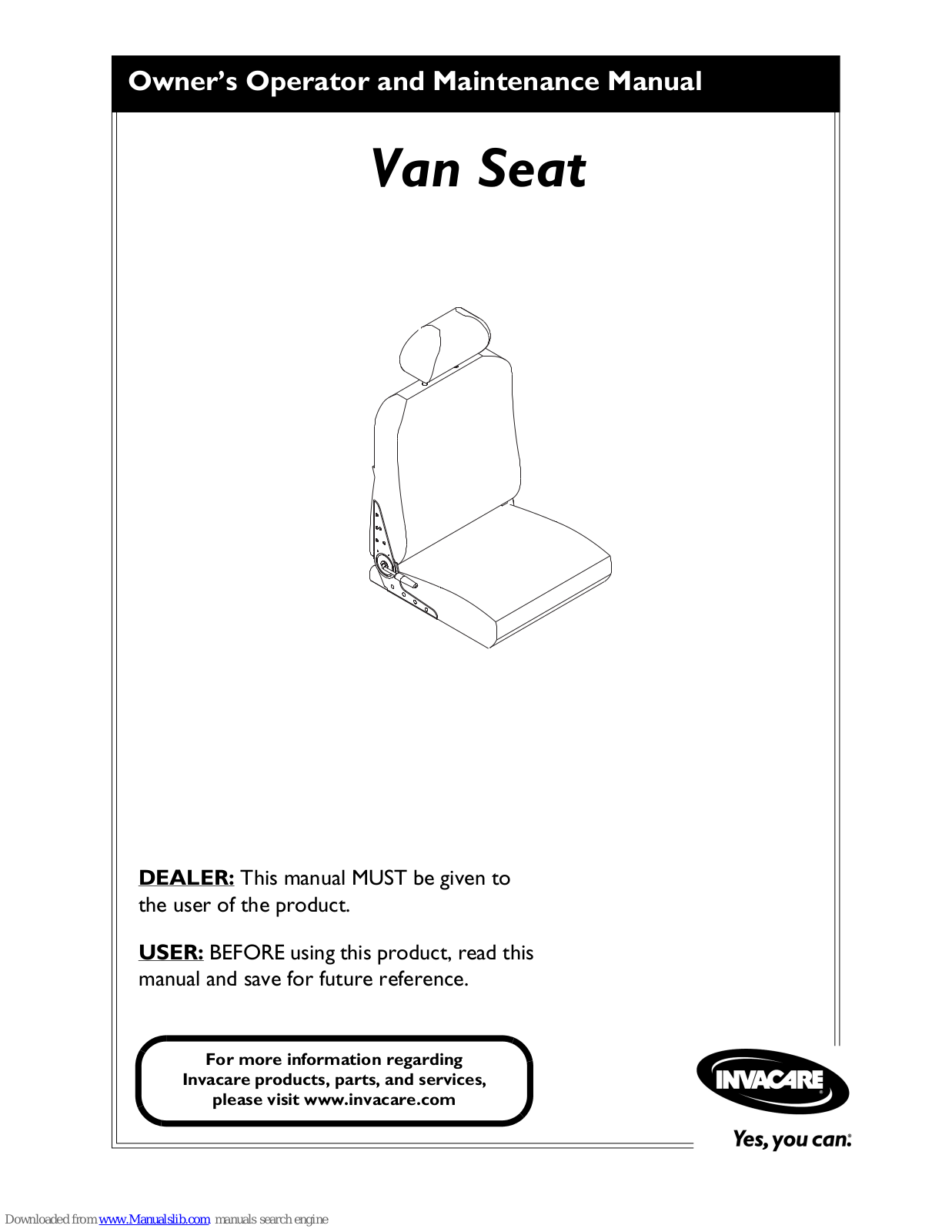 Invacare Van Seat PHWH93, Van Seat PH904A, Van Seat PHAL4A Owner's Maintenance Manual