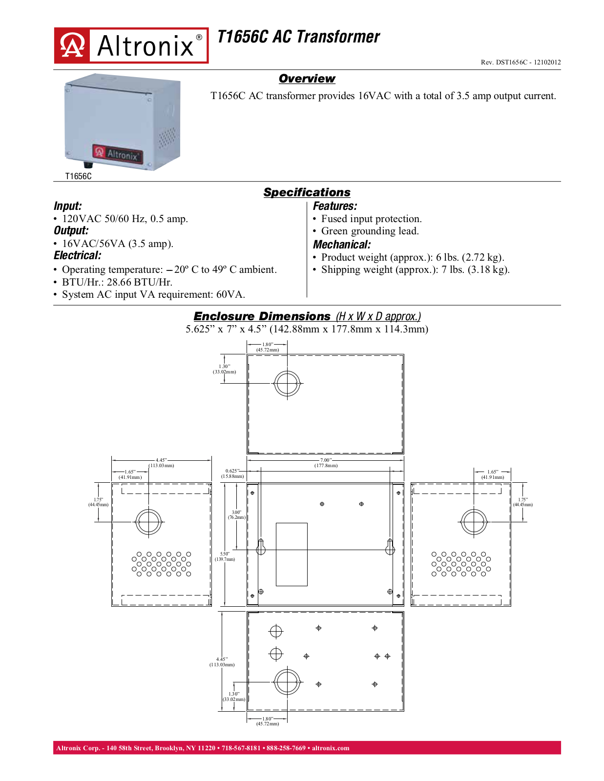 Altronix T1656C Data Sheet