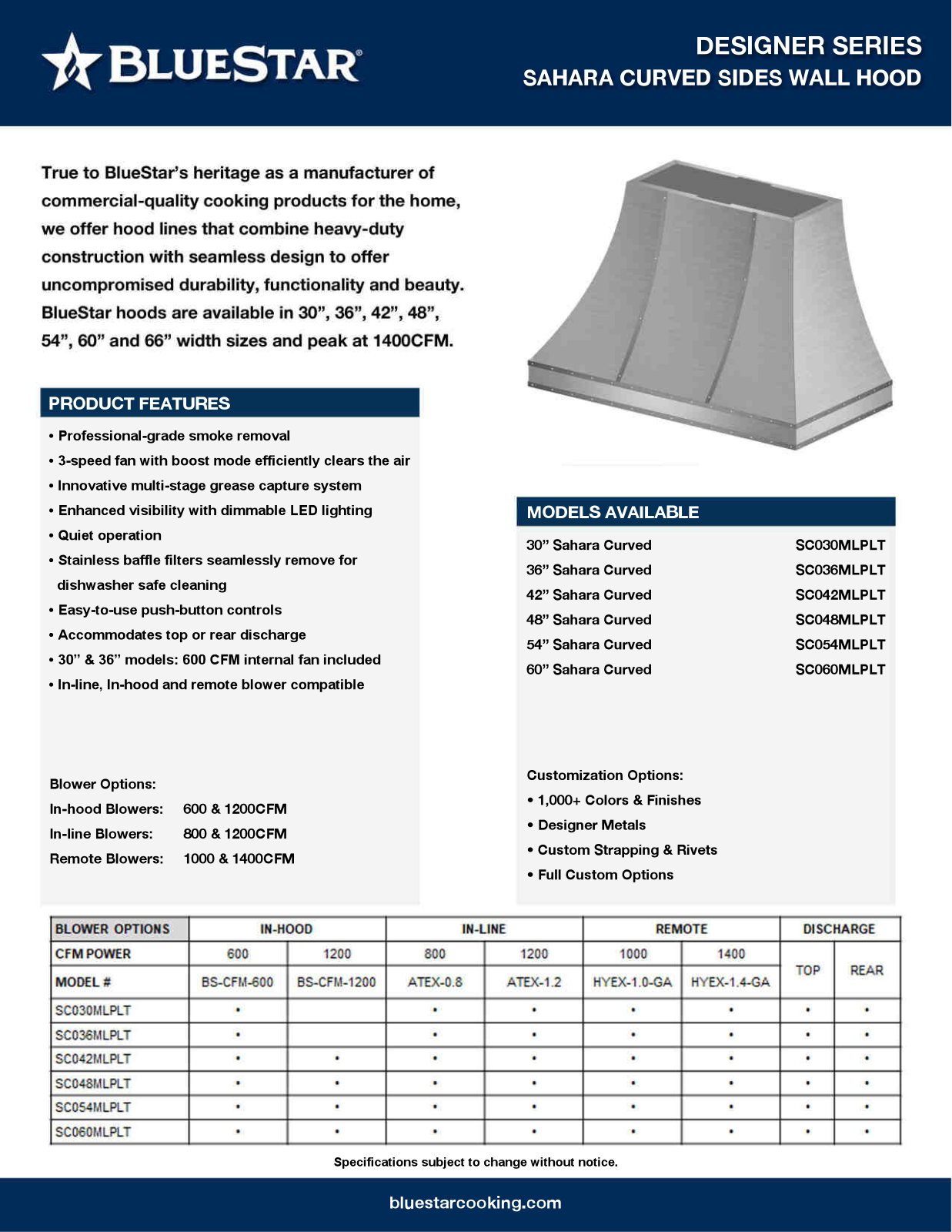 BlueStar SC036MLPLT, SC054MLPLT, SC030MLPLTCC, SC042MLPLTCC, SC048MLPLTDCF Specs