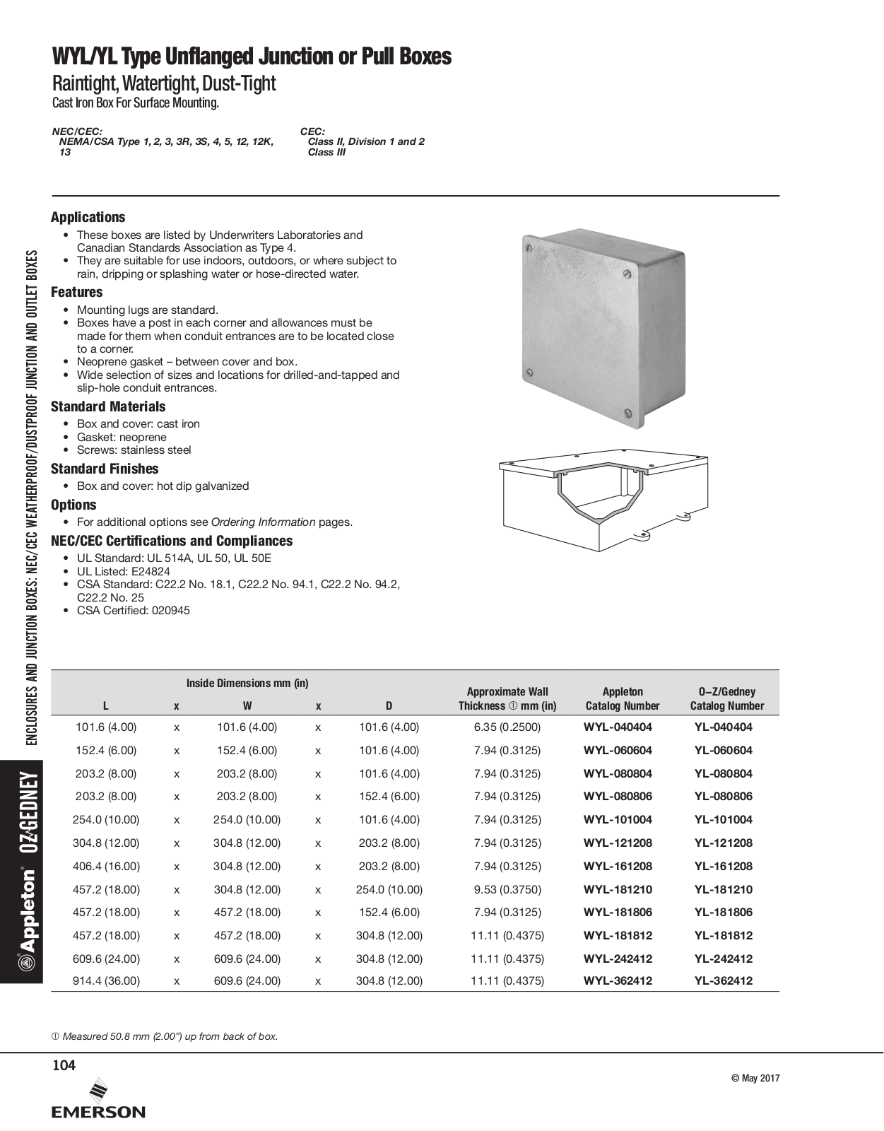 Appleton WYL  Type Unflanged Junction or Pull Boxes, YL Type Unflanged Junction or Pull Boxes Catalog Page