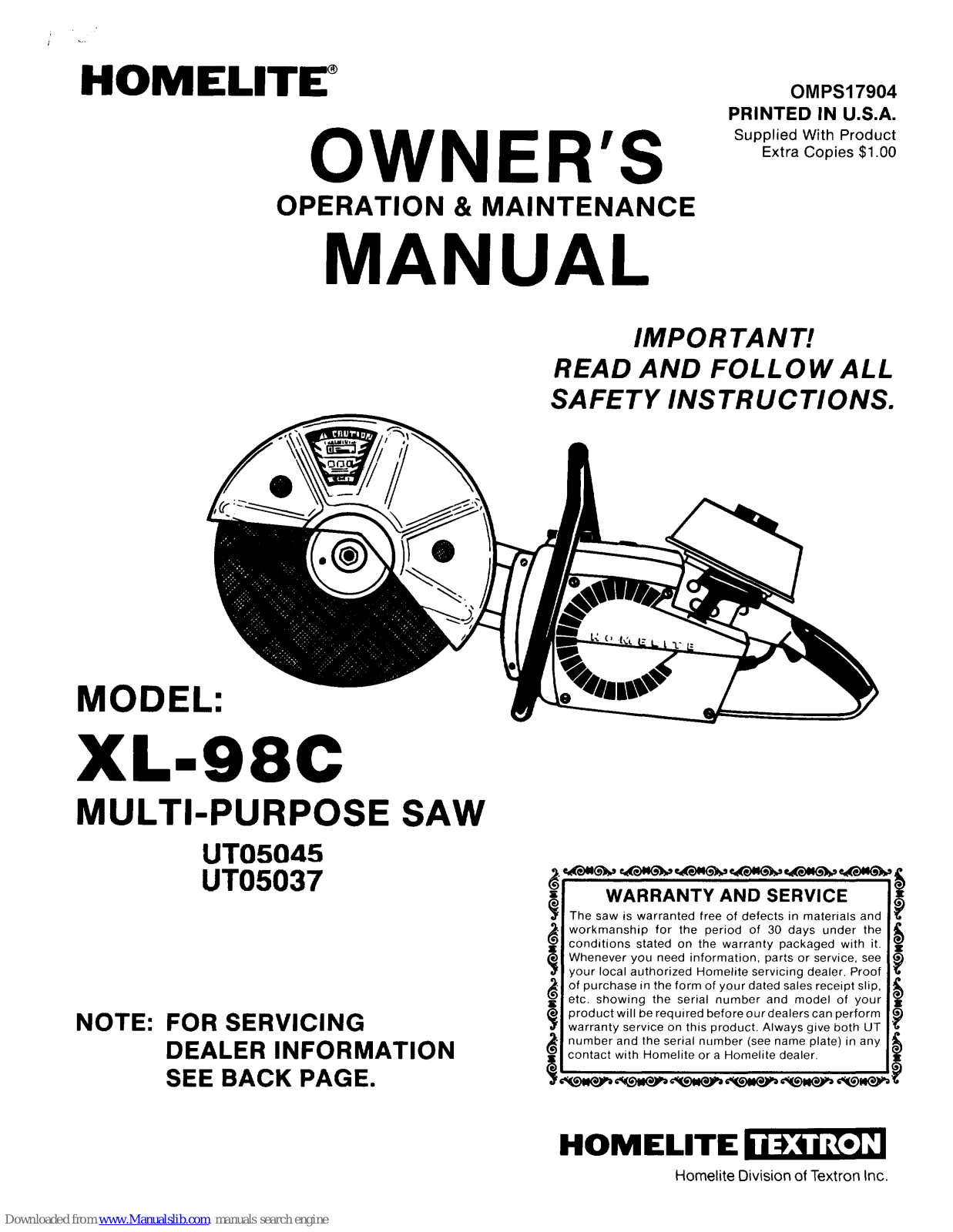 Homelite XL-98C Owner's Manual