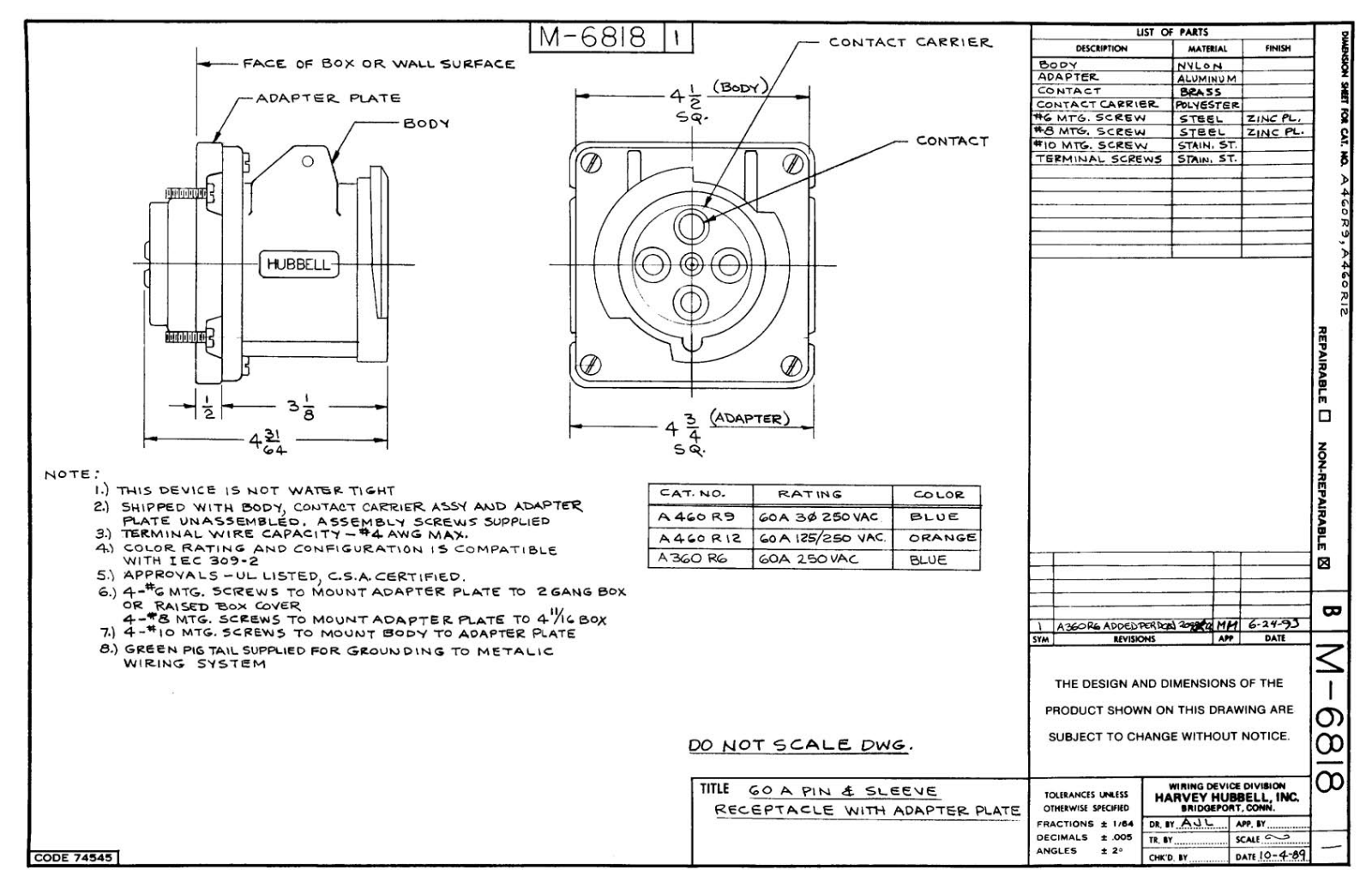 Hubbell A460R9 Reference Drawing