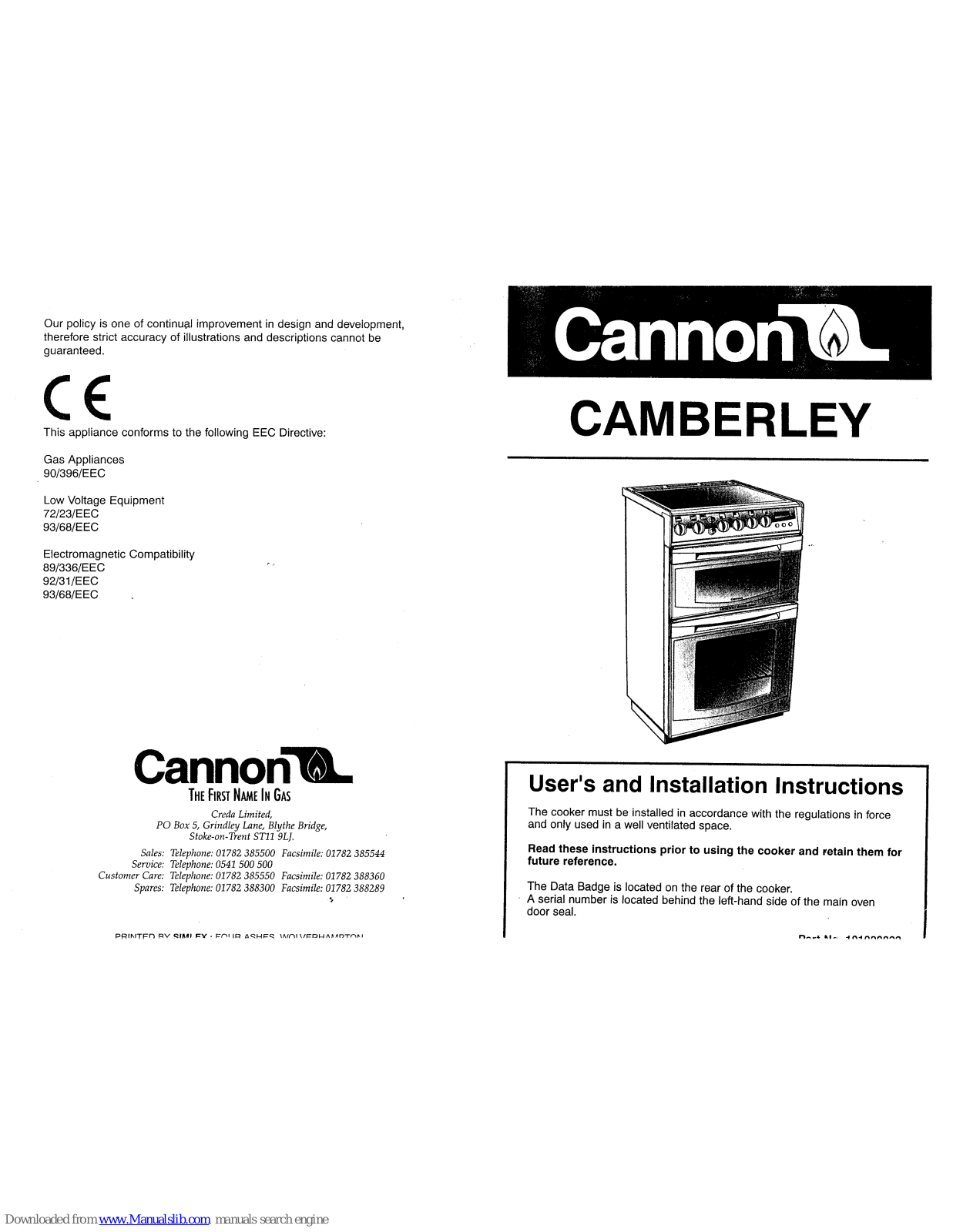 Cannon CAMBERLEY 10101G, CAMBERLEY Installation Instructions Manual