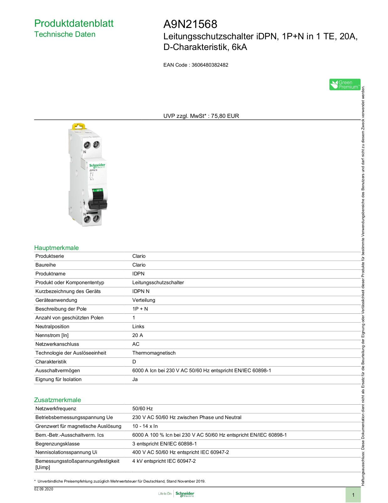 Schneider Electric A9N21568 Technische Daten