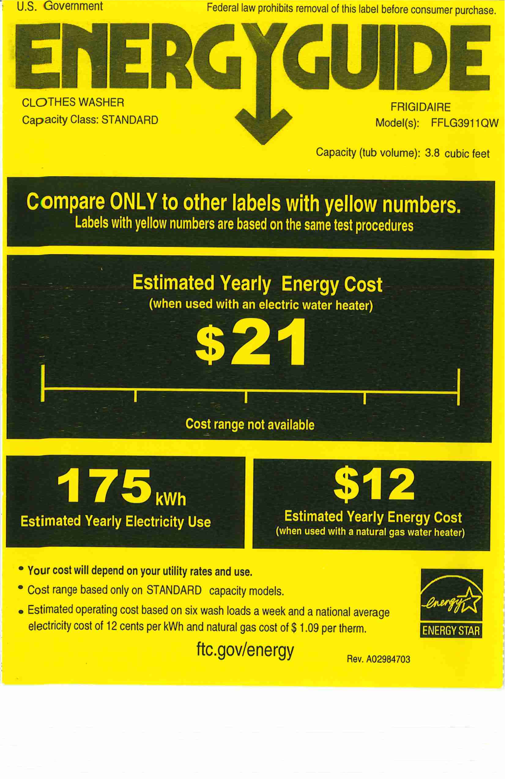 Frigidaire FFLG3911QW Energy Guide