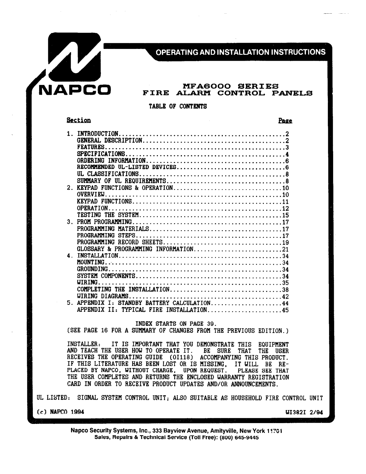 NAPCO MFA6024 Installation Manual