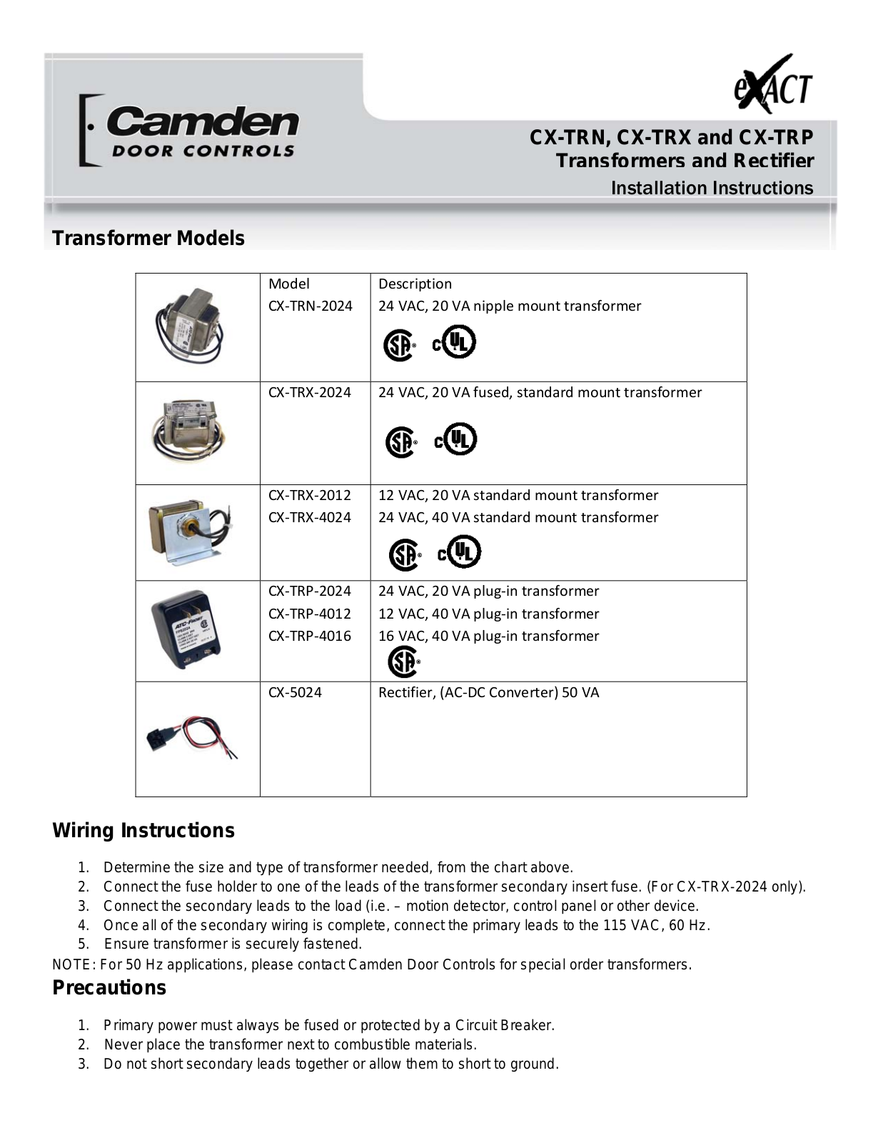 Camden Door Controls CX-5024, CX-TRN-2024, CX-TRP-4016, CX-TRX-2012, CX-TRX-2024 Installation Instructions